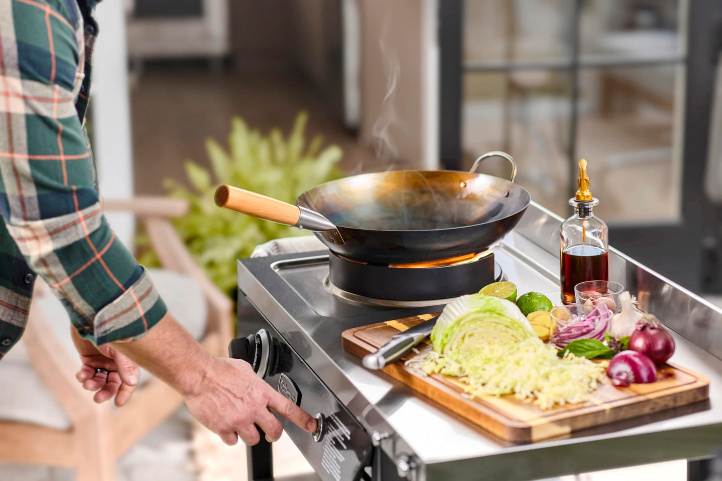 Cuisinart Outdoor Wok Station, 50,000 BTU Propane Outdoor Wok Burner with Prep Table, 14" Carbon Steel Fry Pan, Stainless Steel Side Table, Storage, Outdoor Cooking Station for Stir Fry, Searing, BBQ