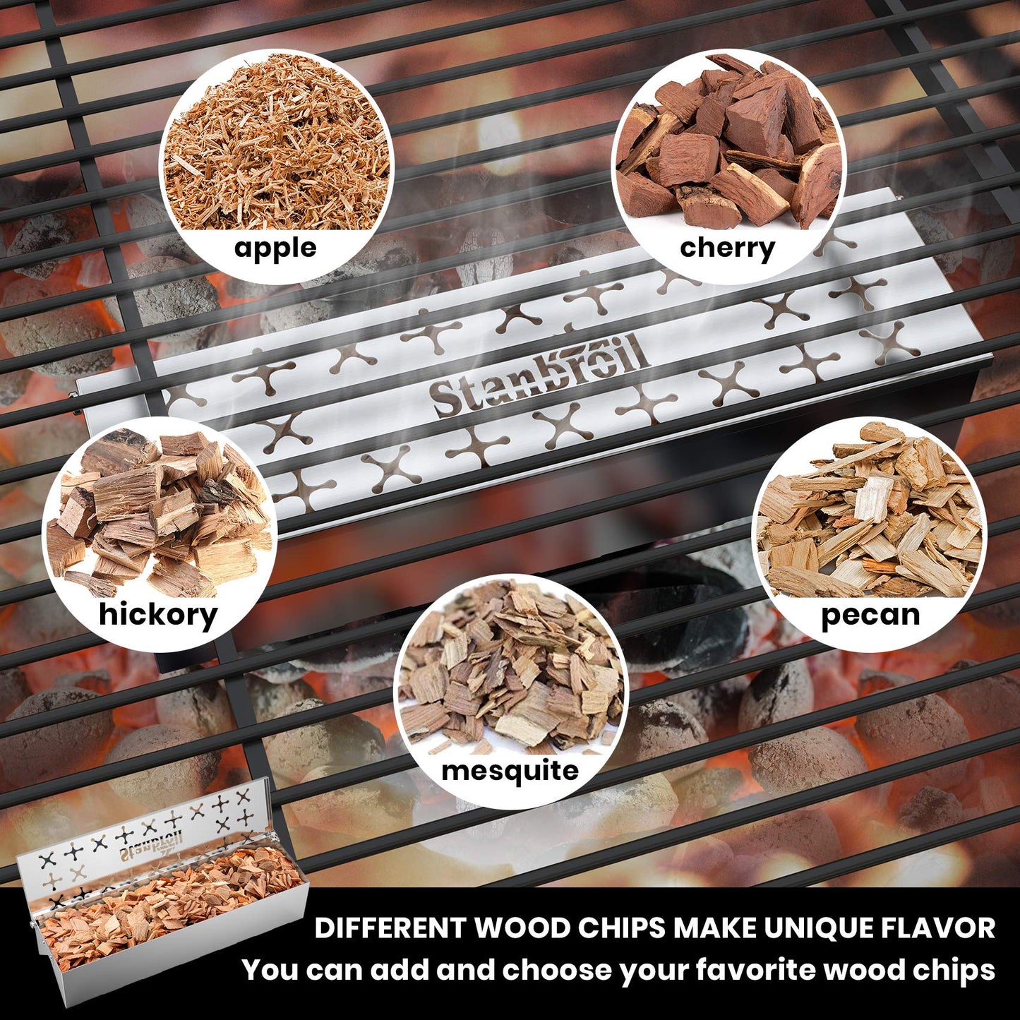 Stanbroil Stainless Steel Smoker Box for Gas Grilling, Wood Chip Smoking Box for Enhanced Smoke Flavor, Double V-Shape Design and Hinged Lid for Gas & Charcoal Grill