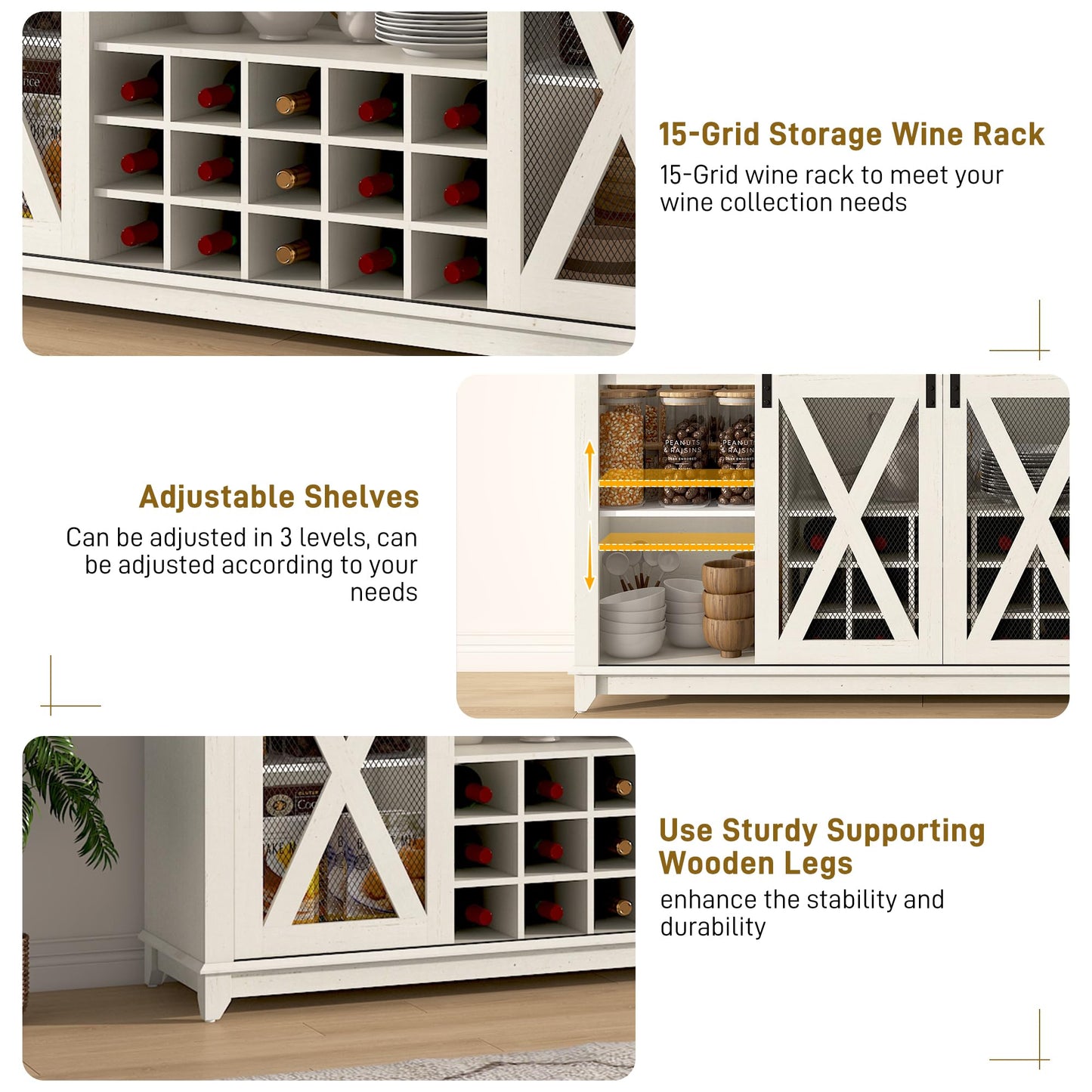 63"Wide 58"H Farmhouse Coffee Bar Cabinet with Power Outlet and LED Light,Wine Bar Cabinet w/ 4 Storage Hutch,Kitchen Buffet Cabinet with 15 Wine and Glass Racks for Kitchen Dining Room(Antique White)