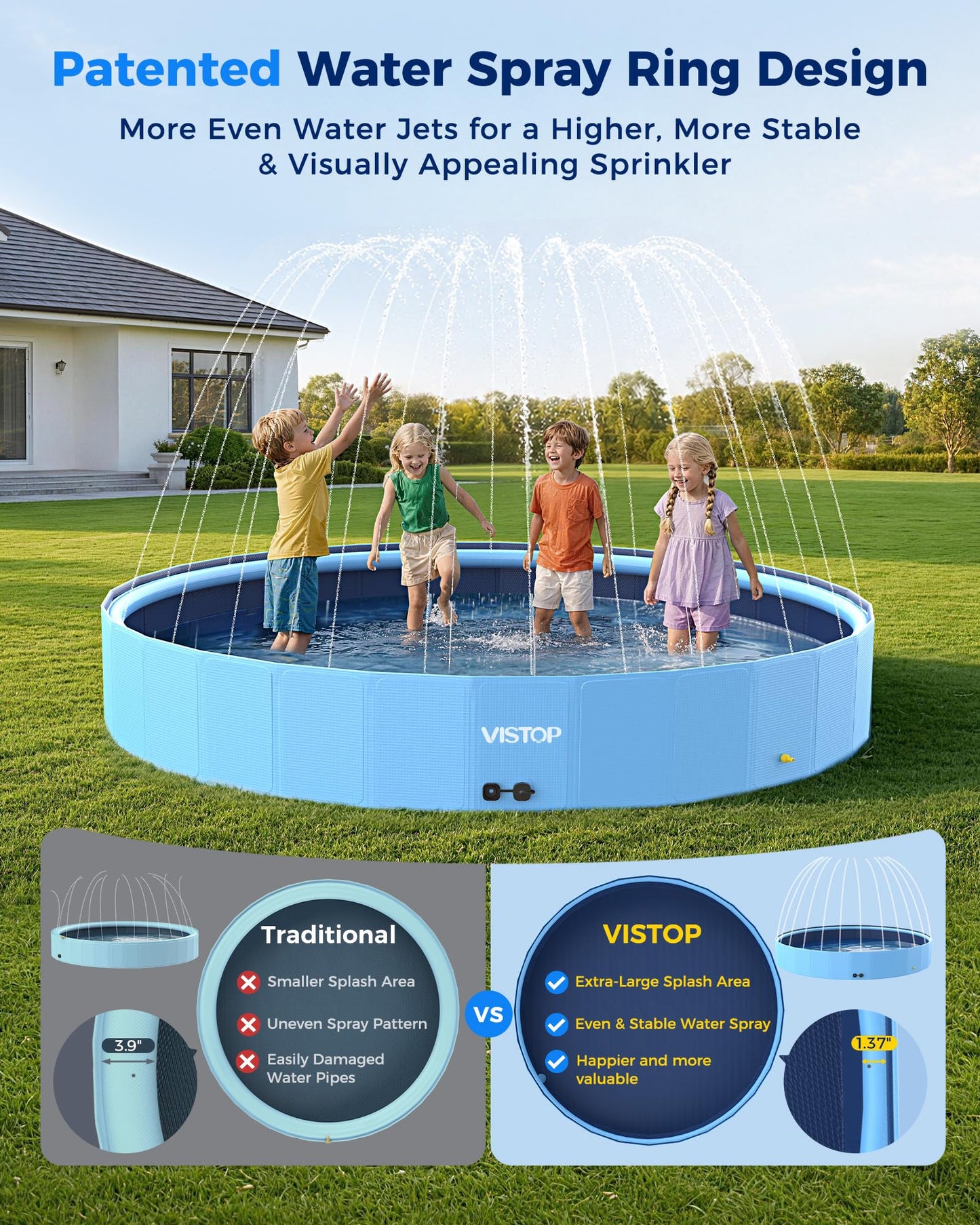 VISTOP 117" Extra Large Dog Pool with Sprinkler, Heavy Duty Foldable Hard Plastic Kiddie Pool, Non-Slip Collapsible Swimming Pool for Dogs, Kids & Pets, Portable Outdoor Backyard Water Play Tub