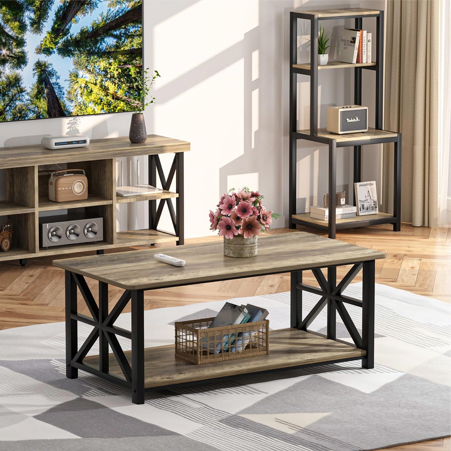 GreenForest Coffee Table for Living Room with Round Corners Farmhouse Style Center Table with Storage Shelf 39 Inch Space Saving Easy Assembly Gray Wash