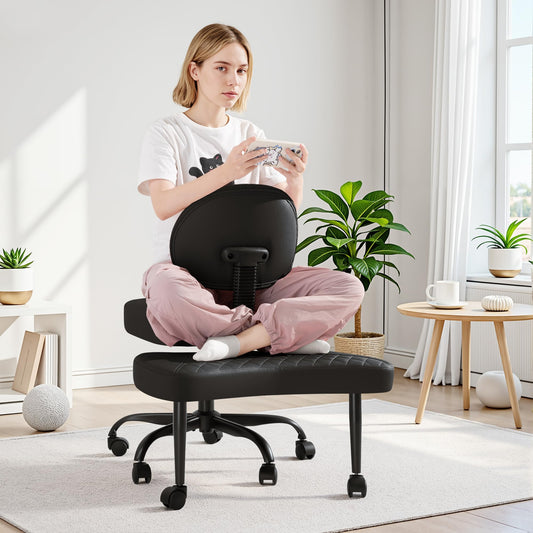 GUNJI Ergonomic Criss Cross Legged Office Chair, 360° Swivel Meditation Kneeling Chair with Wheels, ADHD Chair with Footrest, Lumbar Support, Wider Height Adjustable Seat (Black, Faux Leather)