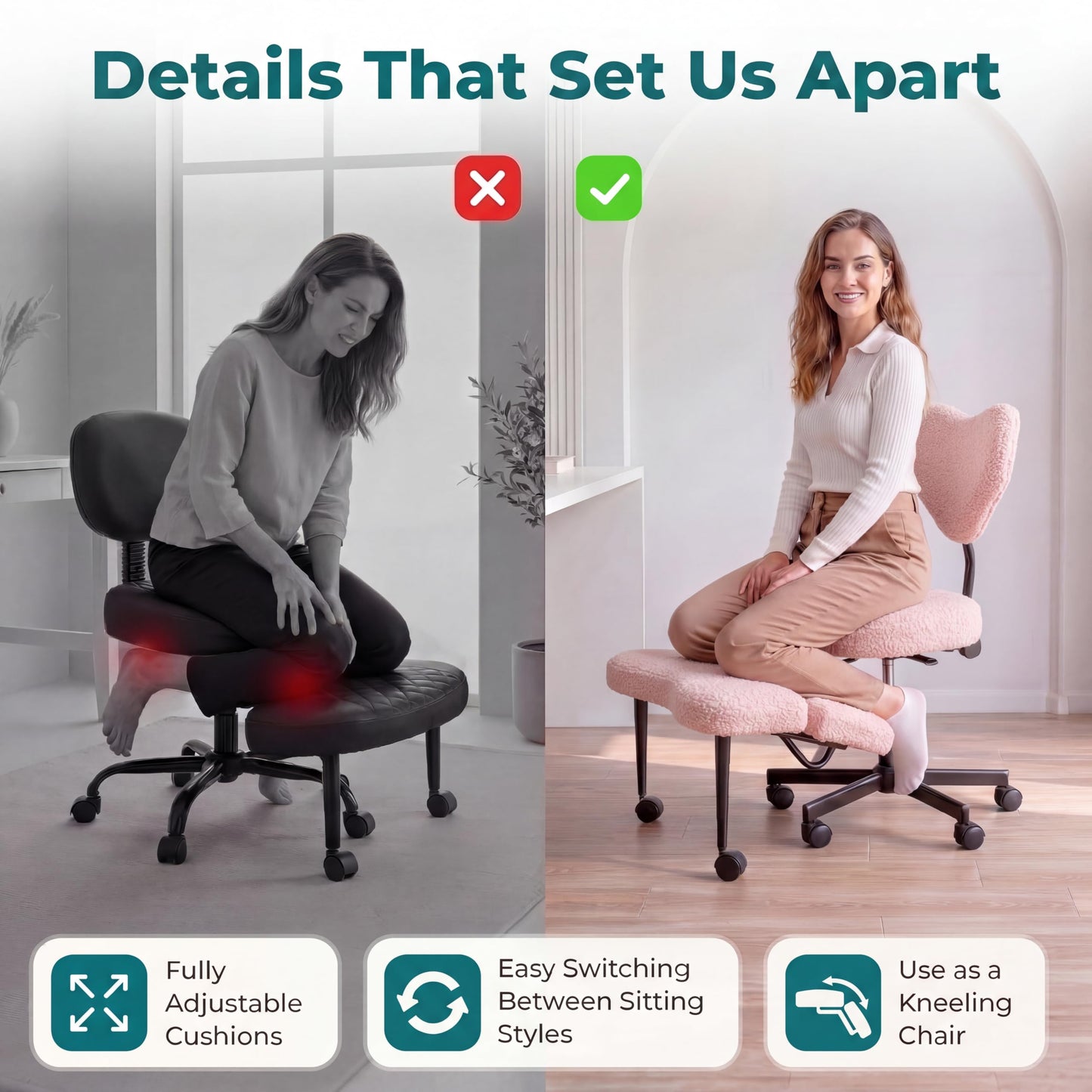 Ergonomic Cross Legged Office Chair with Foot Rest for Kneeling Seating - Crisscross Desk Chair with Wheels for ADHD to Sit Cross Legged - Multi-Position Adjustable Seat with Back Support for Women