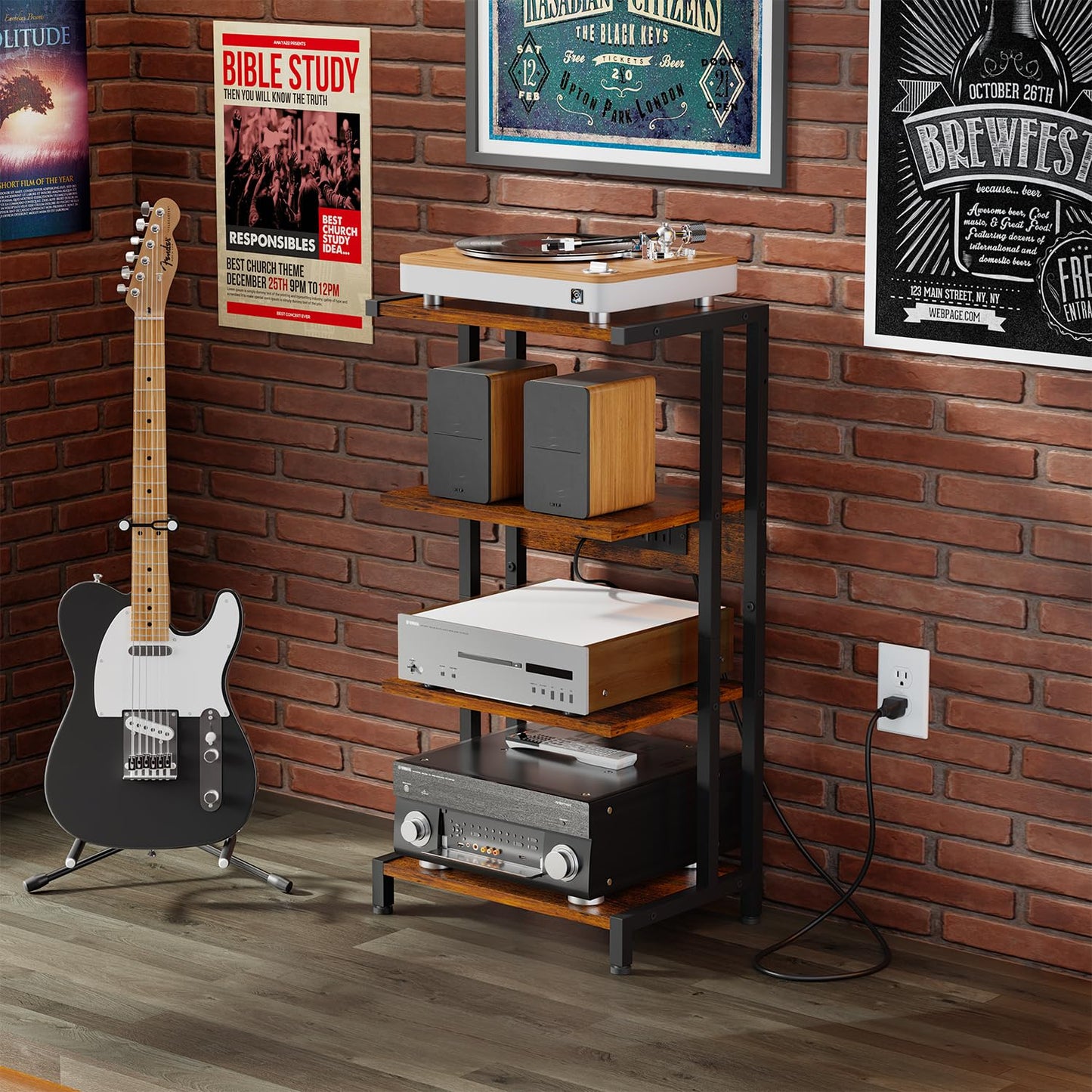 X-cosrack 16.5" Game Console Shelf, Small 4-Tier Video Gaming Consoles Stand with Outlet, Narrow Stereo Cabinet AV Media Stand, Corner Audio Rack for PS5,Xbox,Game Console,TV Box,WiFi Router