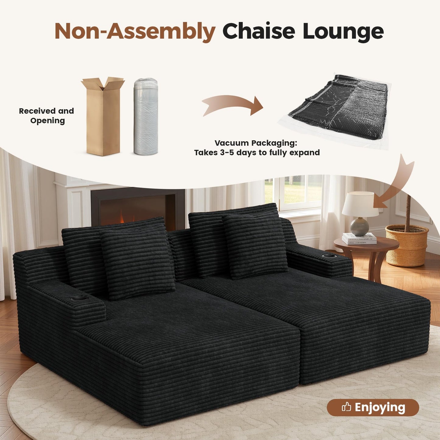 Luxanimarion 80'' Double Chaise Lounge Chair Indoor, Non-Assembly Deep Seat Sofa with Cup Holders Boneless Bed with 4pcs Pillows for Living Room Bedroom, Black- Corduroy