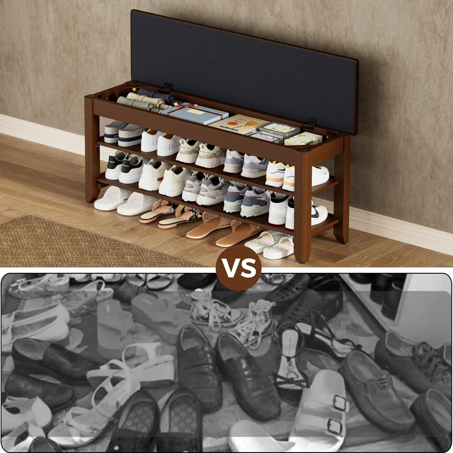 Homleke 39.4" Wide Solid Wood Shoe Rack Bench with Flip-Top Storage