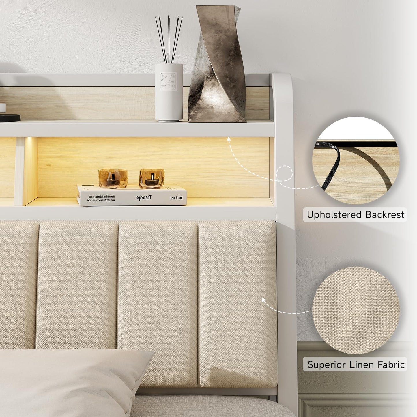 Lefurture King Headboard Only with Storage, Upholstered Headboards for King Size Bed with LED Light, Charging Station, Height Adjustable, Sturdy and Stable Headboard, Off White