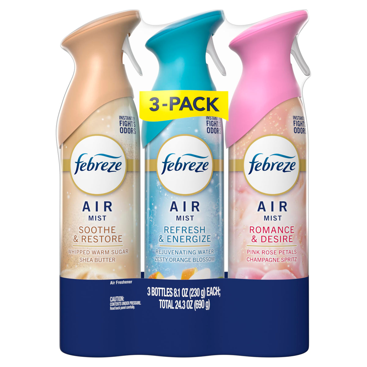Febreze Air Mist, Air Freshener, Odor Fighting Room Spray, Deodorizer for Home Bathroom Kitchen Office Apartment, Soothe & Restore, Refresh & Energize, Romance & Desire Variety Pack, 8.1oz (Pack of 3)