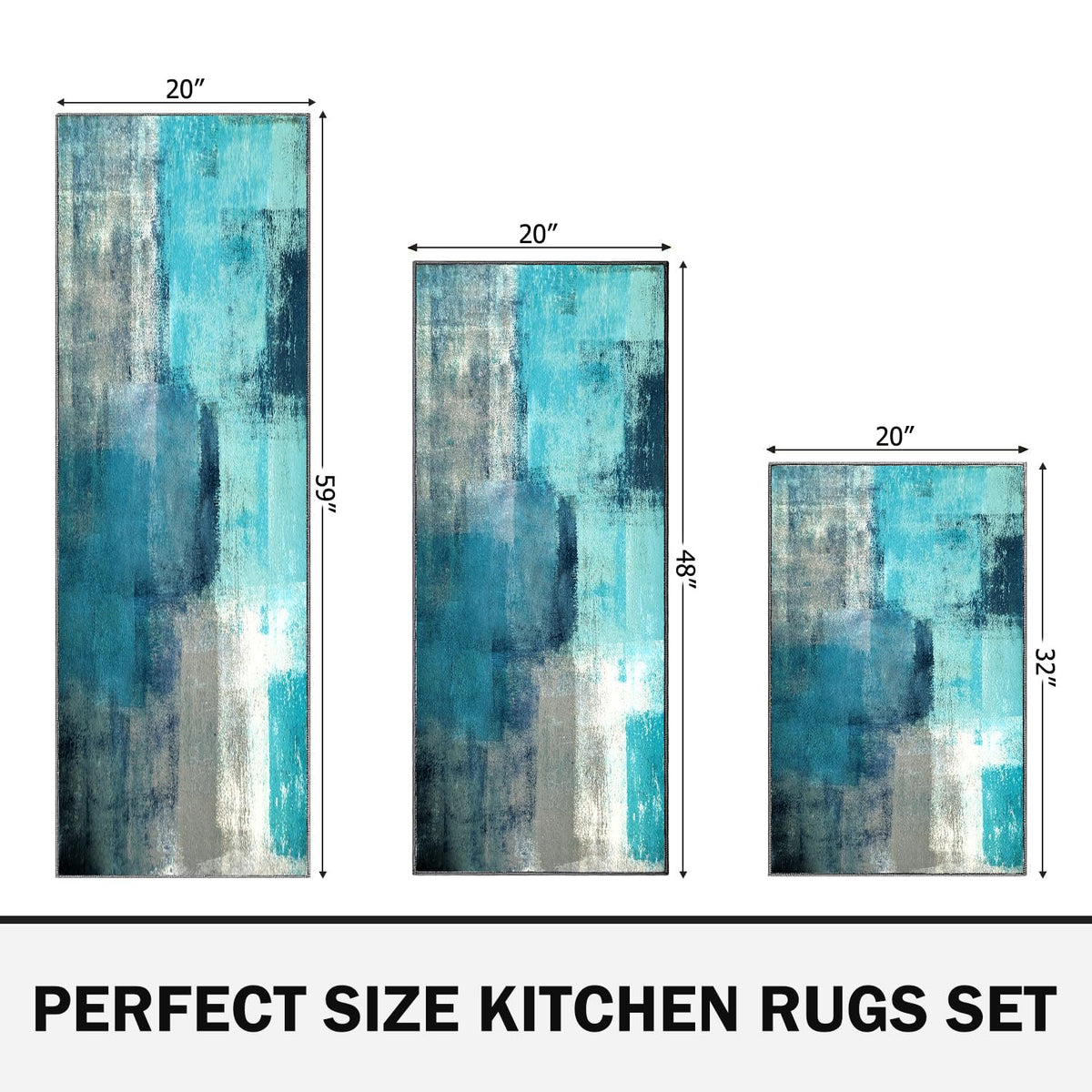TOMWISH Teal Grey Abstract Art Kitchen Mat Turquoise Kitchen Rugs Sets 3PCS