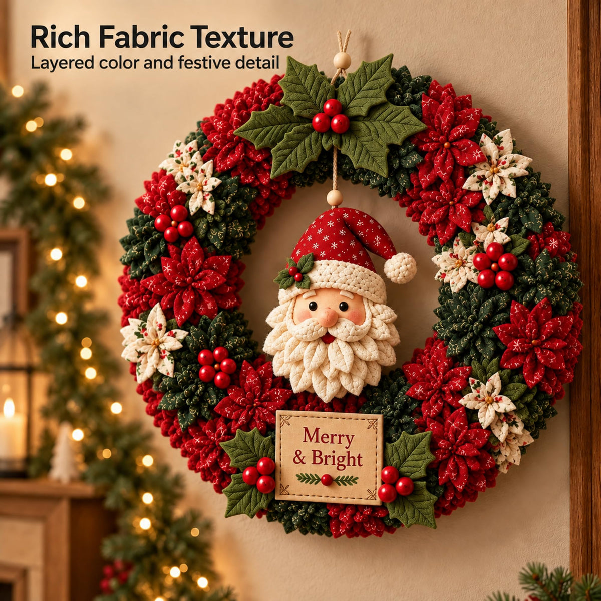 3D Fabric Poke Wreath Kit for Adults, Christmas Door Decor，Set C