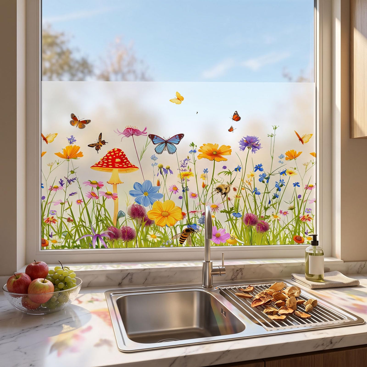 Static Cling Privacy Window Film, 78" x 17" Frosted Glass Covering with Wildflower & Botanical Patterns, Removable No Glue Window Film for Home Bathroom Bedroom Office (Wildflower 5)