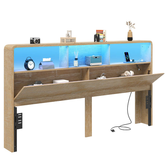 Homiflex King Headboard Only, 78.7" Wide Wooden Headboard King Size with Storage, Modern Farmhouse Head Board with Outlets & USB Ports, Wall Mounted Headboards with Color-Changing LED, Natural