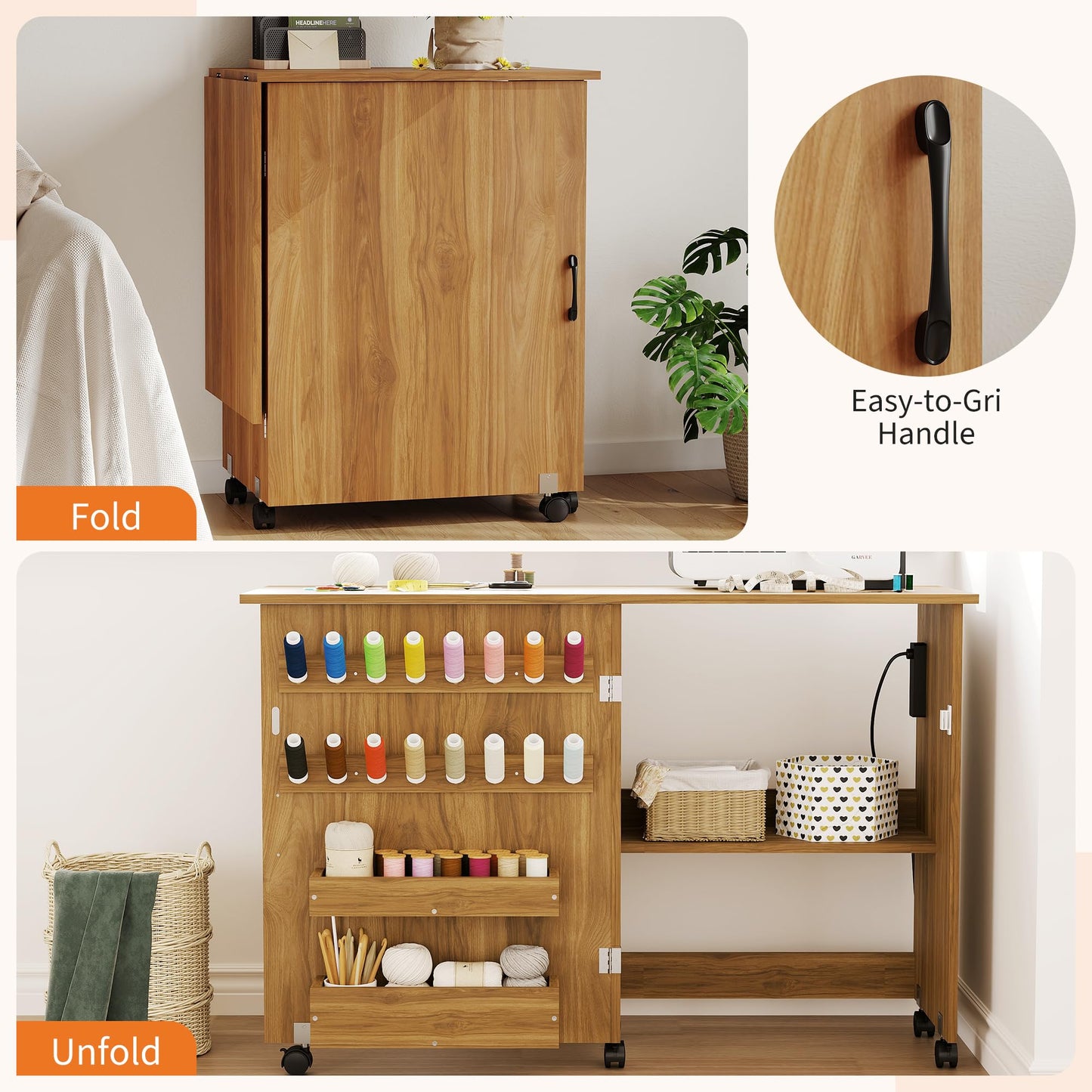 Folding Sewing Machine Table with Charging Station, Rolling Craft Table with Lockable Wheels, Storage Trays & Shelf, Pegs, Magnetic Locks, Foldable Sewing Machine Cabinet Desk for Small Spaces, Brown