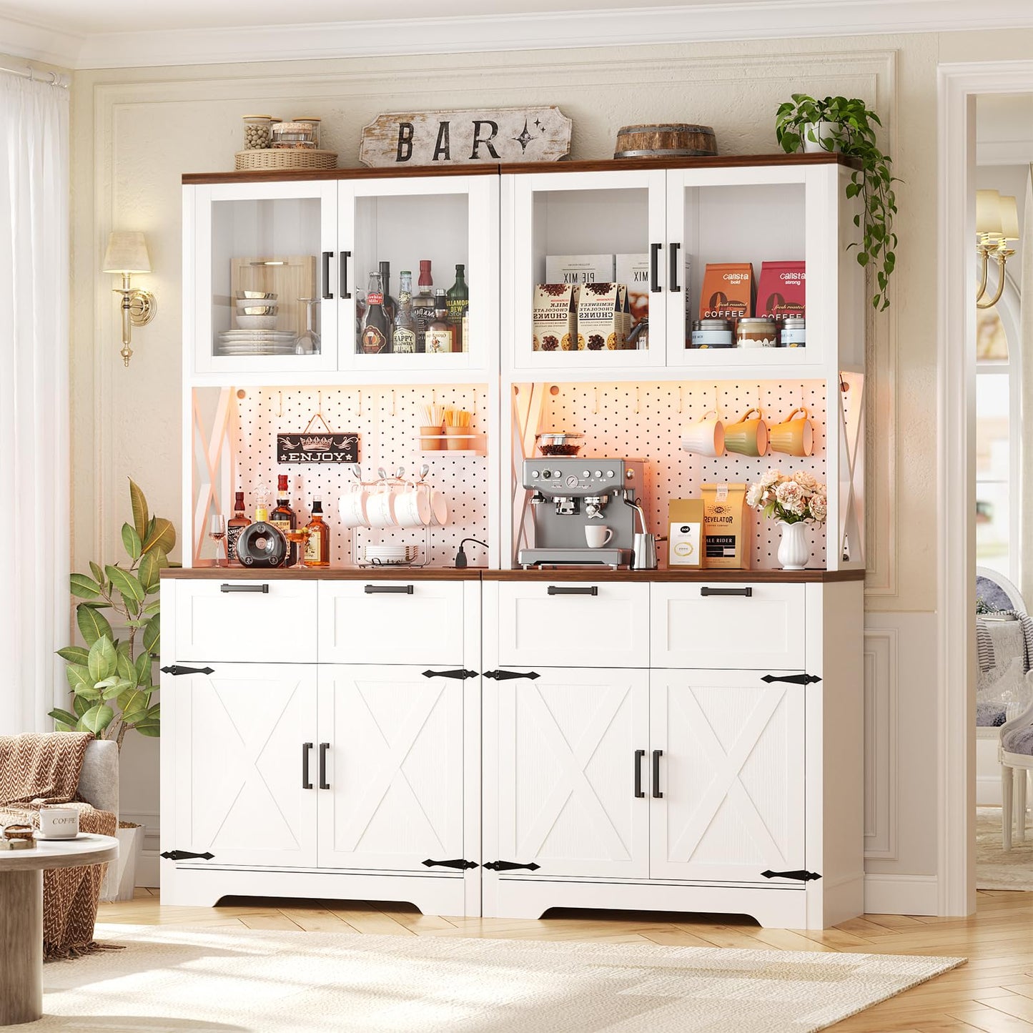 Unikito 71" Pantry Cabinet with LED Light & Outlet, Tall Kitchen Pantry Storage Cabinet with Microwave Stand, DIY Pegboard, Drawers and Adjustable Shelf, Farmhouse Kitchen Hutch for Dining Room