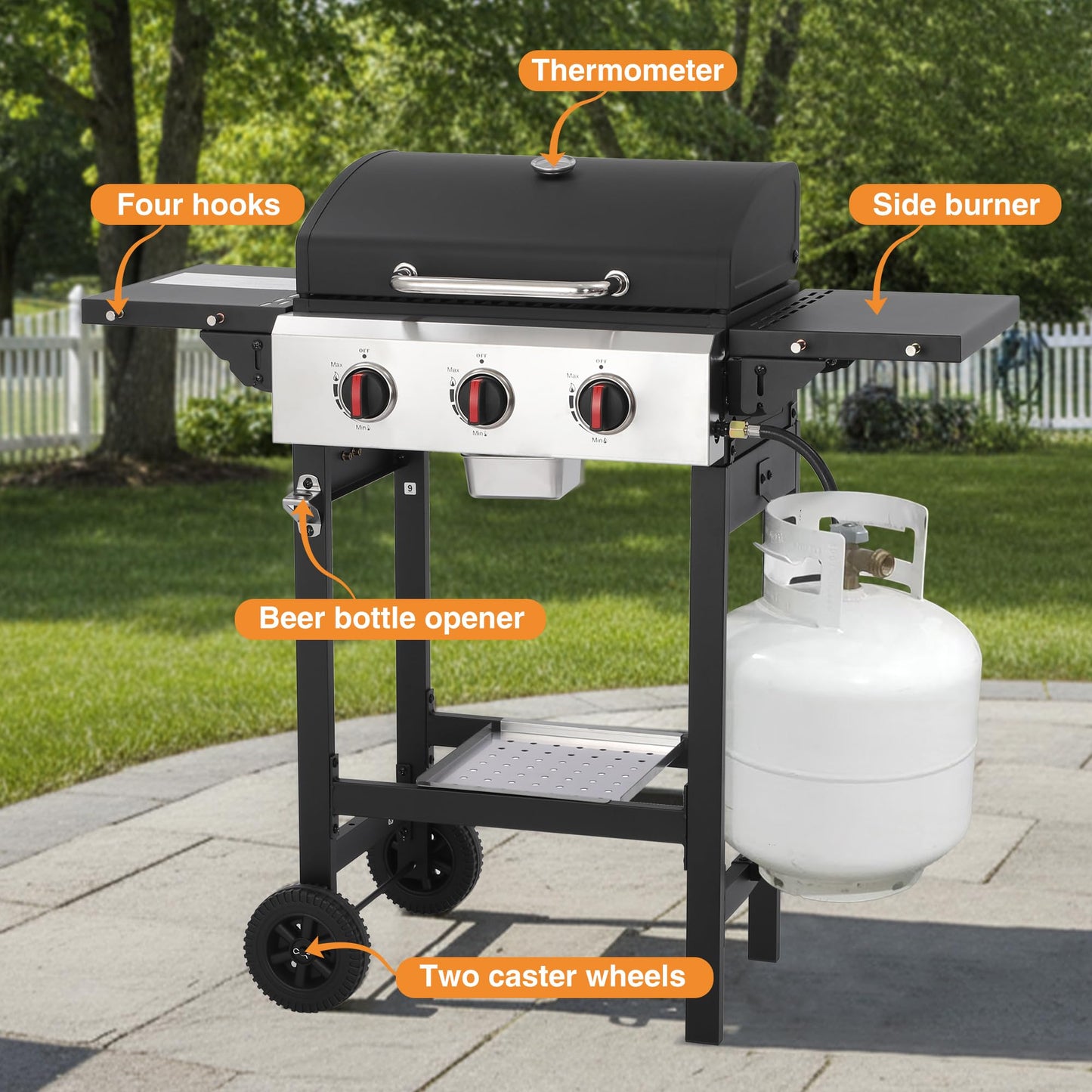GRILL DEPOTS Propane Gas Grill with Folding Side Tables, 3-Burner Gas Grill with Cast Iron Grates and Stainless Steel Griddle Pan, Outdoor BBQ Grill Portable with Wheels 30,000 BTU Output