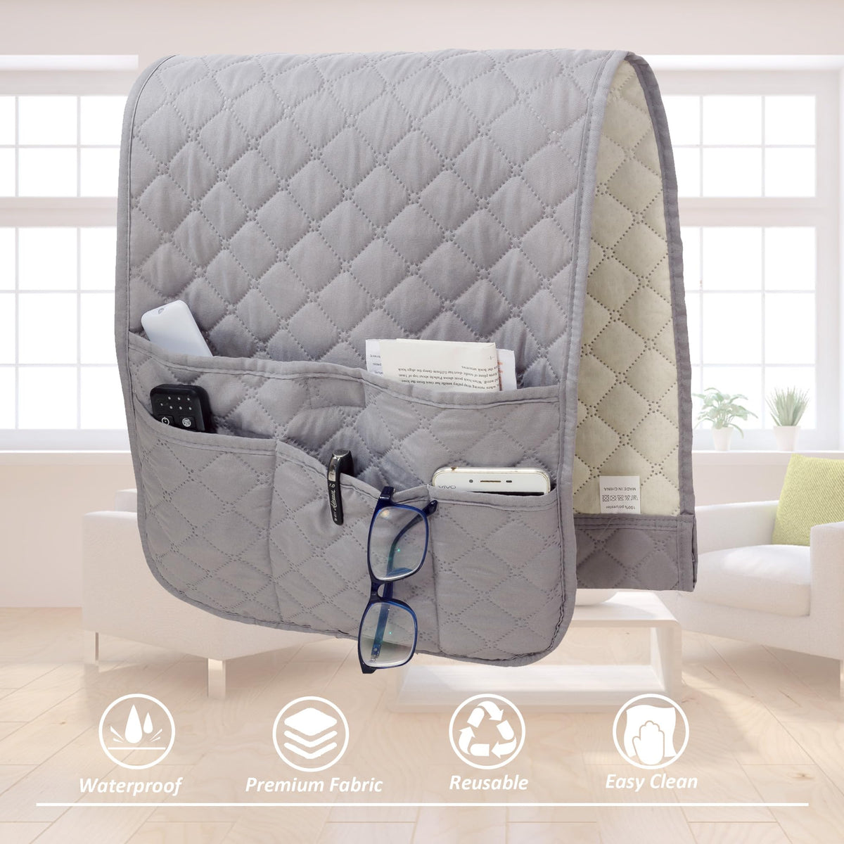 Armchair Caddy for Couch Remote Control Holder with 4 Pockets, Grey 1 Pack