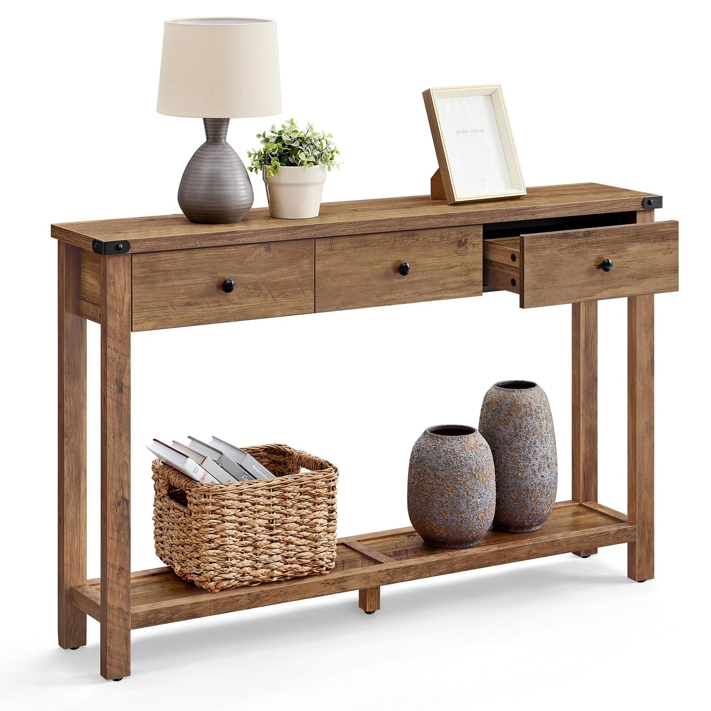VASAGLE LIRY Collection - Console Sofa Table, Narrow Entryway Table with 3 Drawers, Open Storage Shelf, Metal Corners, for Living Room, Farmhouse Style, Honey Brown ULNT142KB02S
