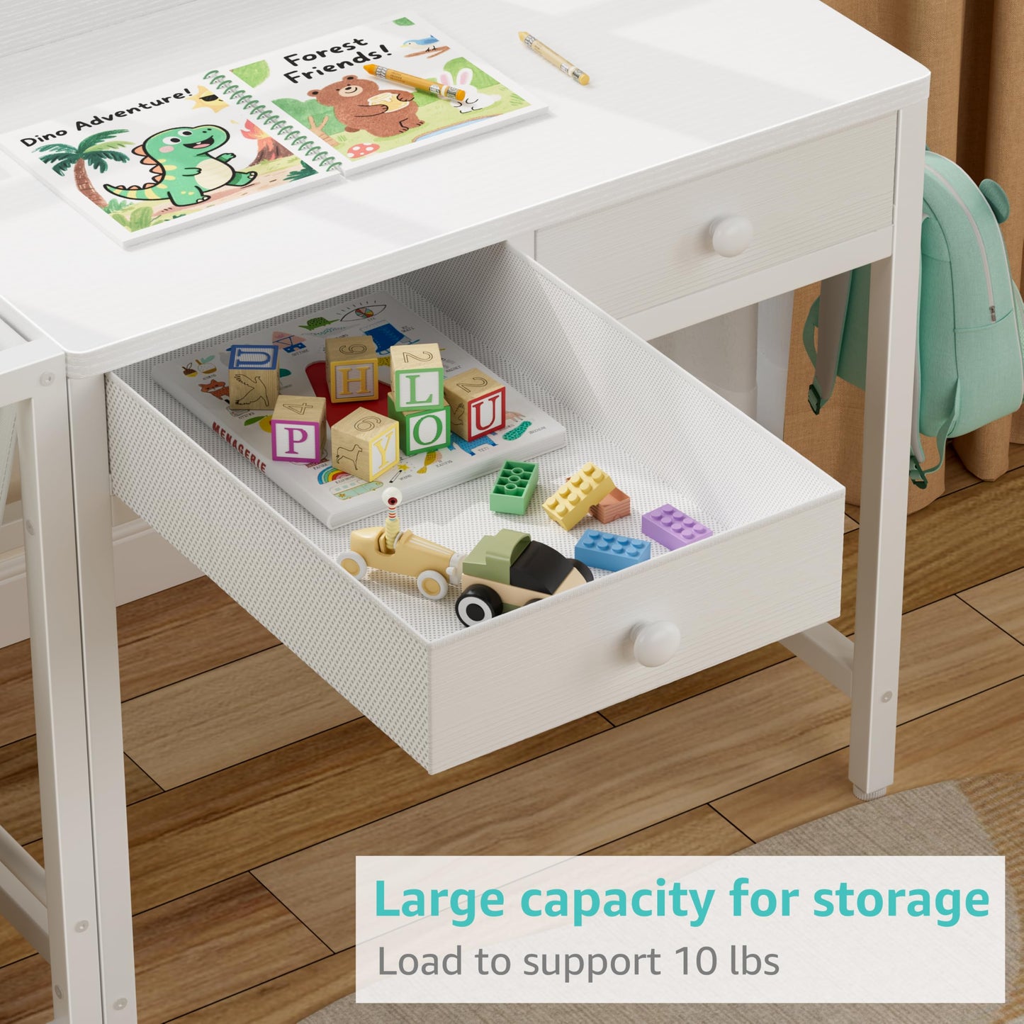 MomZi White Kids Desk and Chair Set for 5-8 Year Old Girls Boys, Small Child Desk with Bookshelf, Children Study Table with Fabric Drawer and Storage