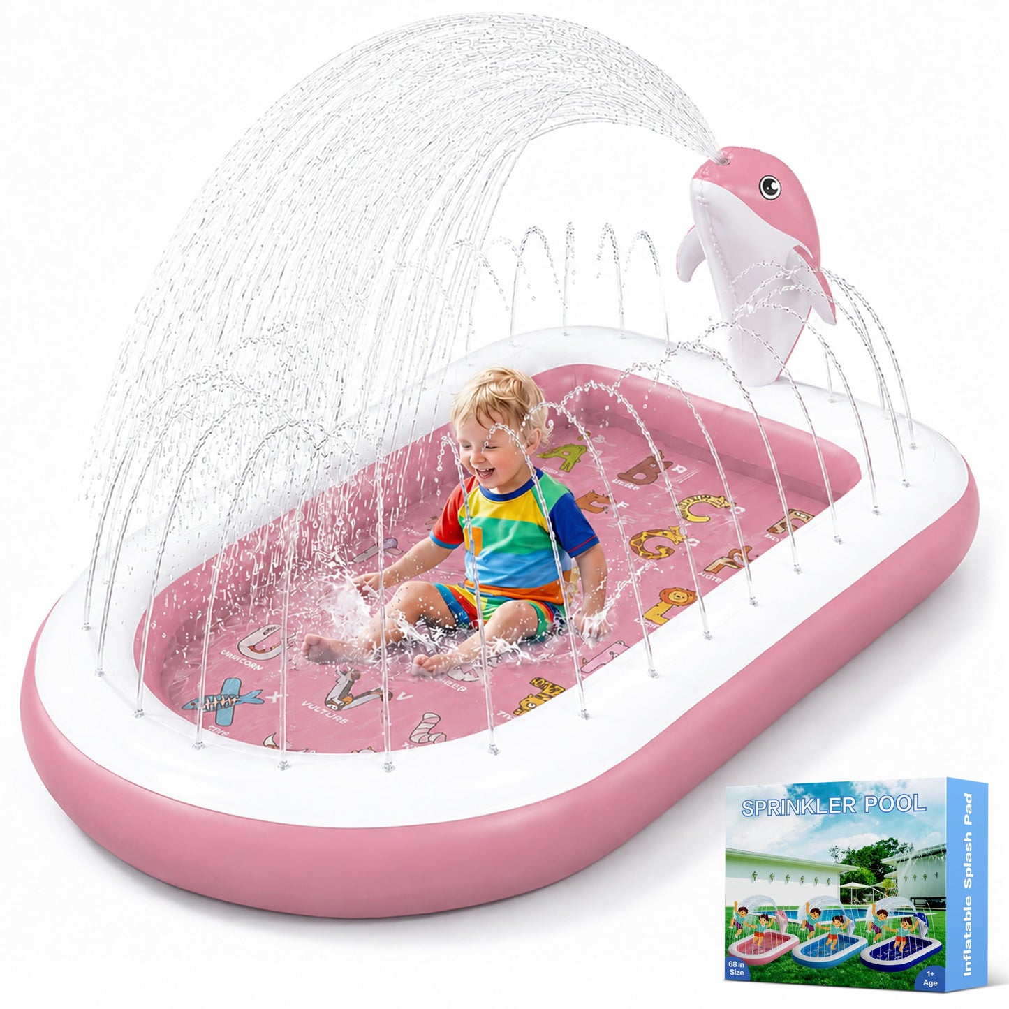 Splash Pads for Toddlers 1-3, Dolphin Toy Sprinkler for Kids, Outdoor Play Mat for Babies, 68" Backyard Inflatable Kiddie Pool, Splash Pad for Kids Ages 4-8, Birthday Gifts for 1 Year Old Boy Girl
