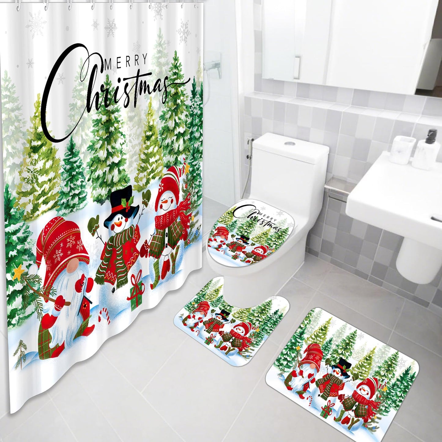 Tiamon 7 Pcs Christmas Snowman Shower Curtain Set with Rugs Toilet Mats