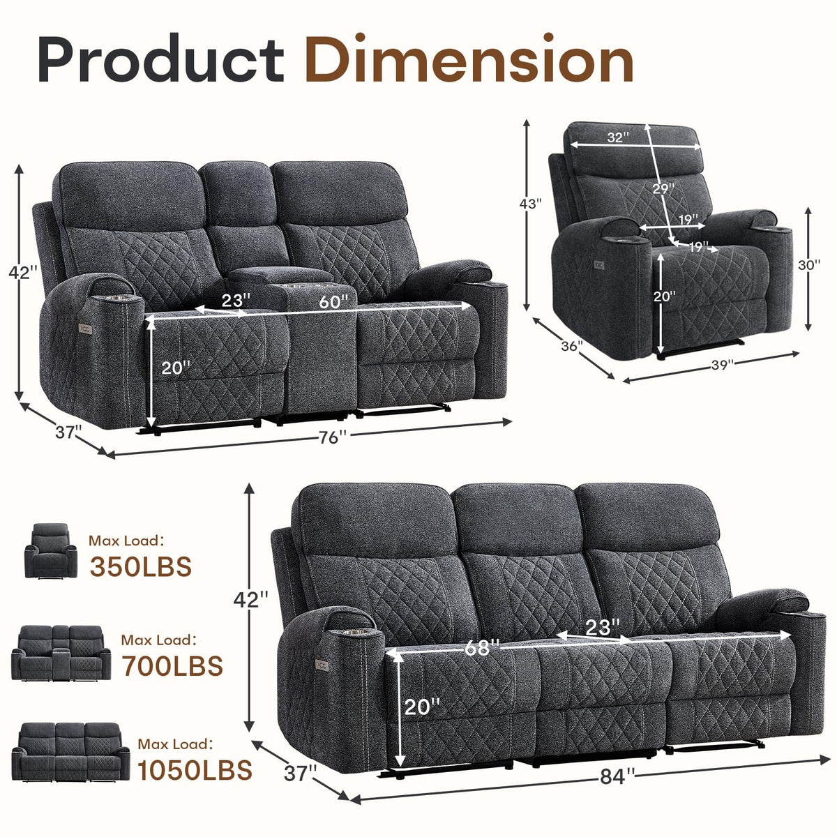 HAOMARKETS 3-Piece Power Recliner Sofa Set with Charging Port, Include Single Recliner Chair, 2-Seater Loveseat Reclining Couch and 3-Seater Reclining Sofa with Cup Holders for Living Room, Dark Grey