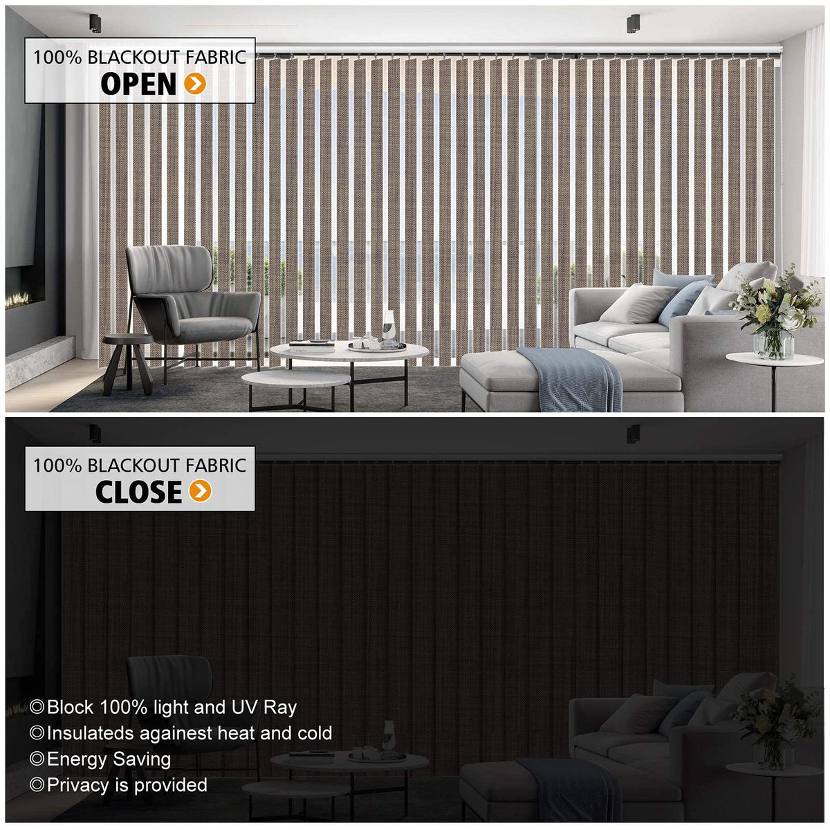 HousCa Blackout Vertical Blinds Window Shades, Light Brown Custom Window Blinds Energy Saving UV Protection Noice Reduce Vertical Window Blinds for Patio Doors, Windows, Sliding Doors
