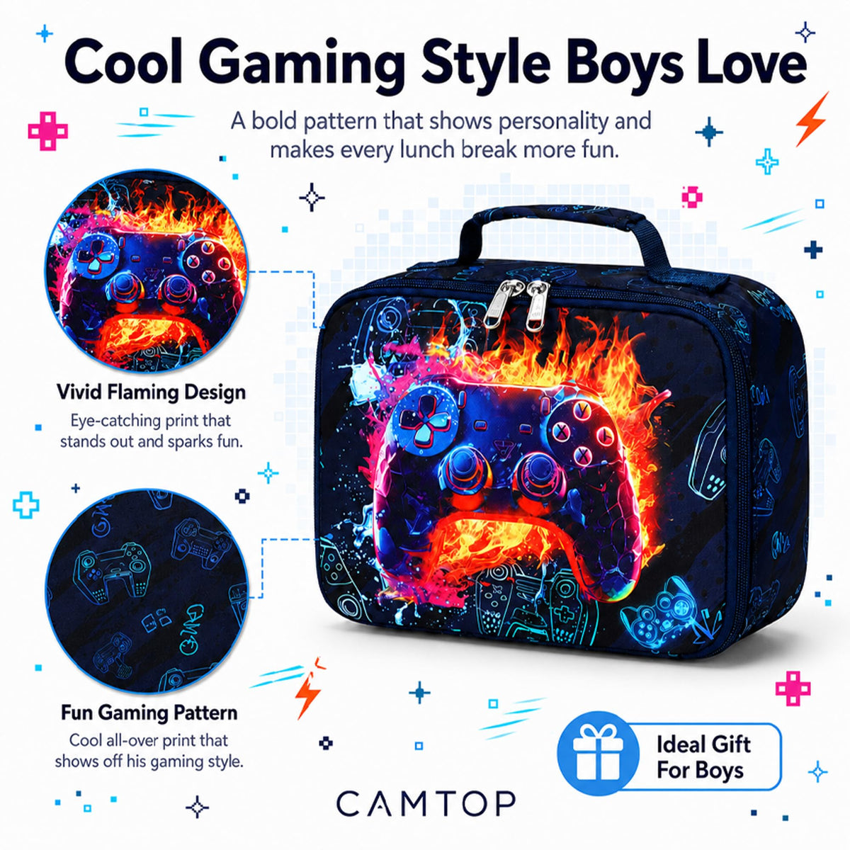 CAMTOP Lunch Box Kids Boys Insulated Lunch Cooler Bag Reusable Lunch Tote Kit for School Travel，Black