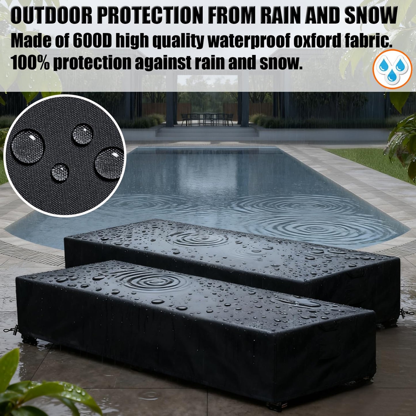 GoldenRaindrop Waterproof Patio Lounge Chair Cover 2 Pack Outdoor Chaise Lounge Covers 600D Weather Resistant Material, UV Protection, Windproof Design Outside Furniture Covers 80" x 28" x 14" H,Black