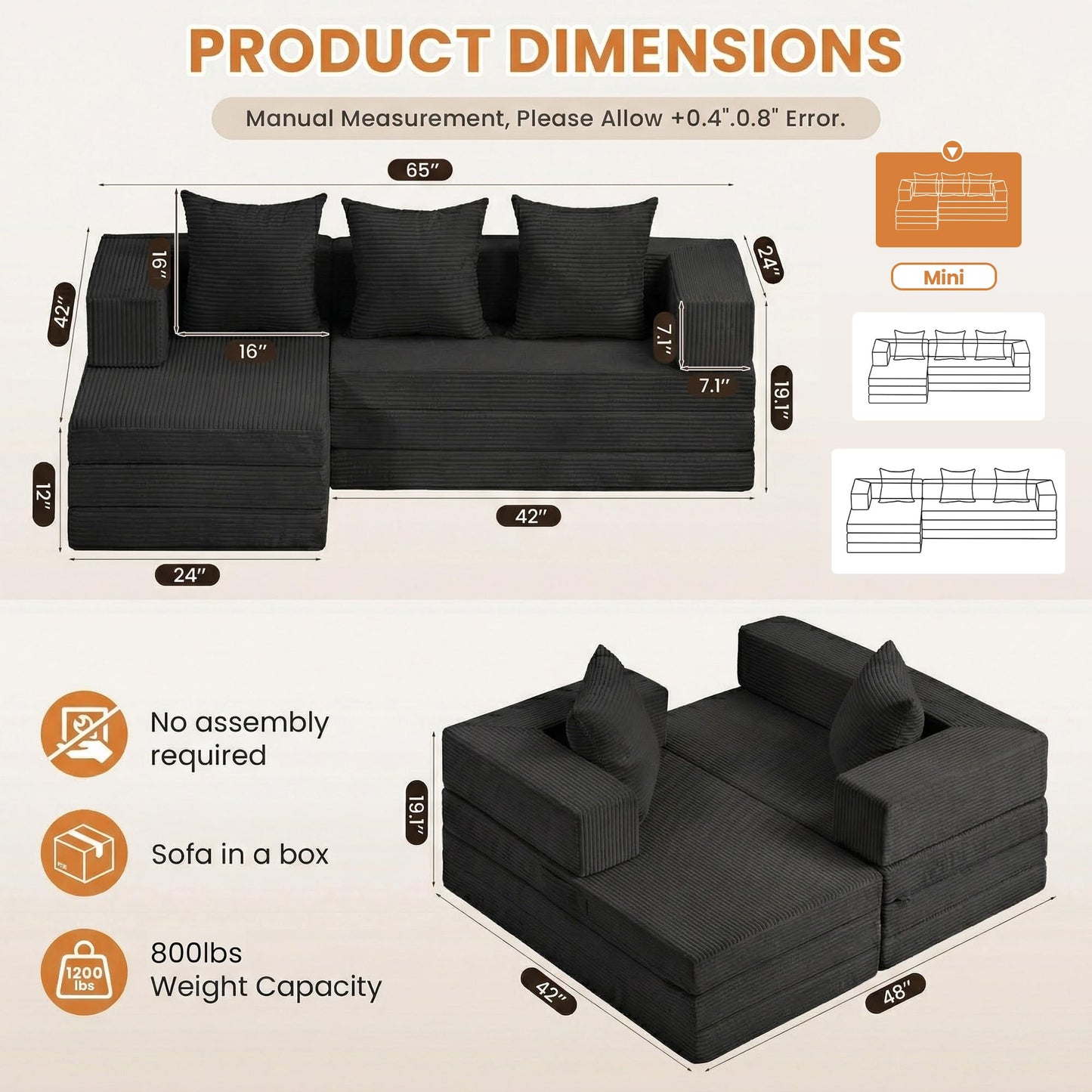 65" Boneless Couch,Convertible Sleeper Sofa Bed, Modular Sectional Sofa, Modern Tri-Folding Cloud Couch with L-Shape Chaise, Corduroy Futon Couches for Living Room Small Spaces Apartment,No Assembly