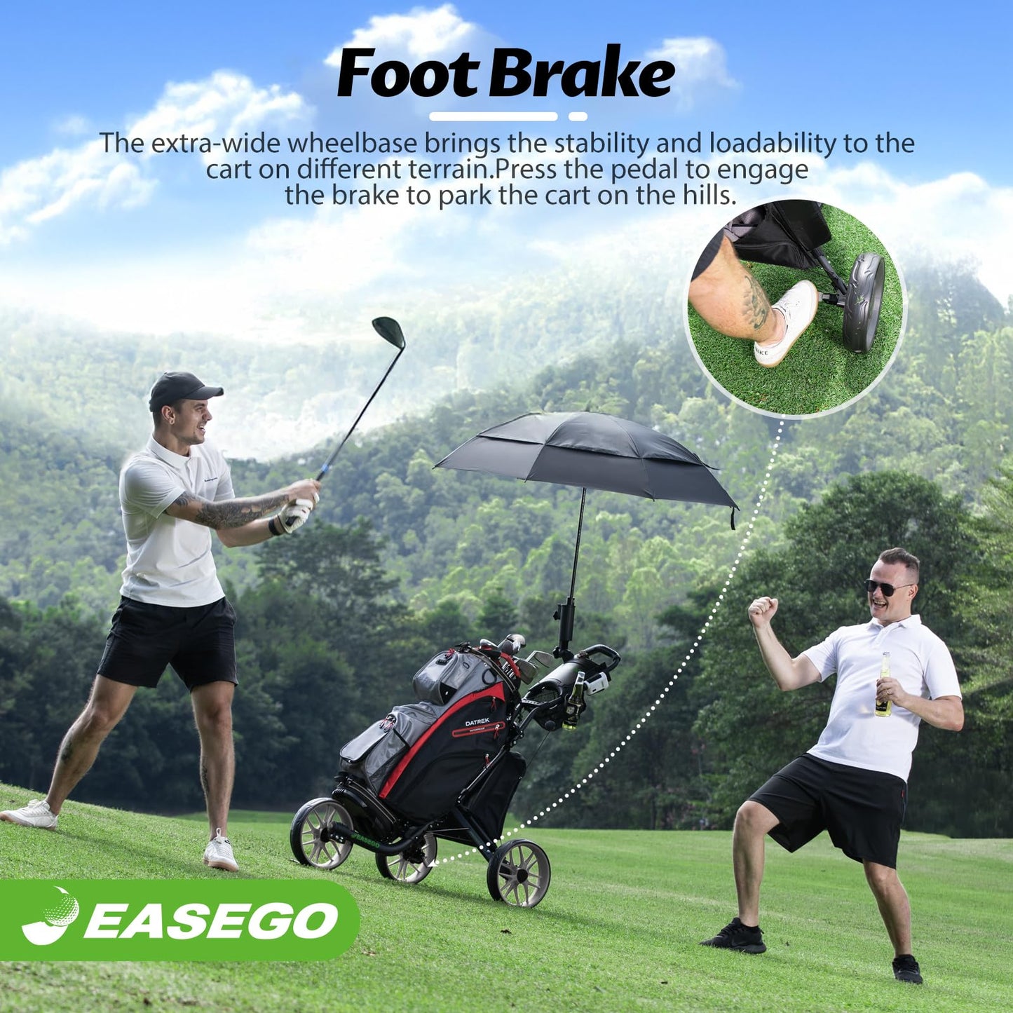 EASEGO Golf Push Cart 3 Wheel : Golf Caddy Pull Cart, One Click Folding Golf Bag Cart Lightweight Compact Golf Trolley with Cooler Bag, Umbrella, Cup & Phone Holder for Different Terrain
