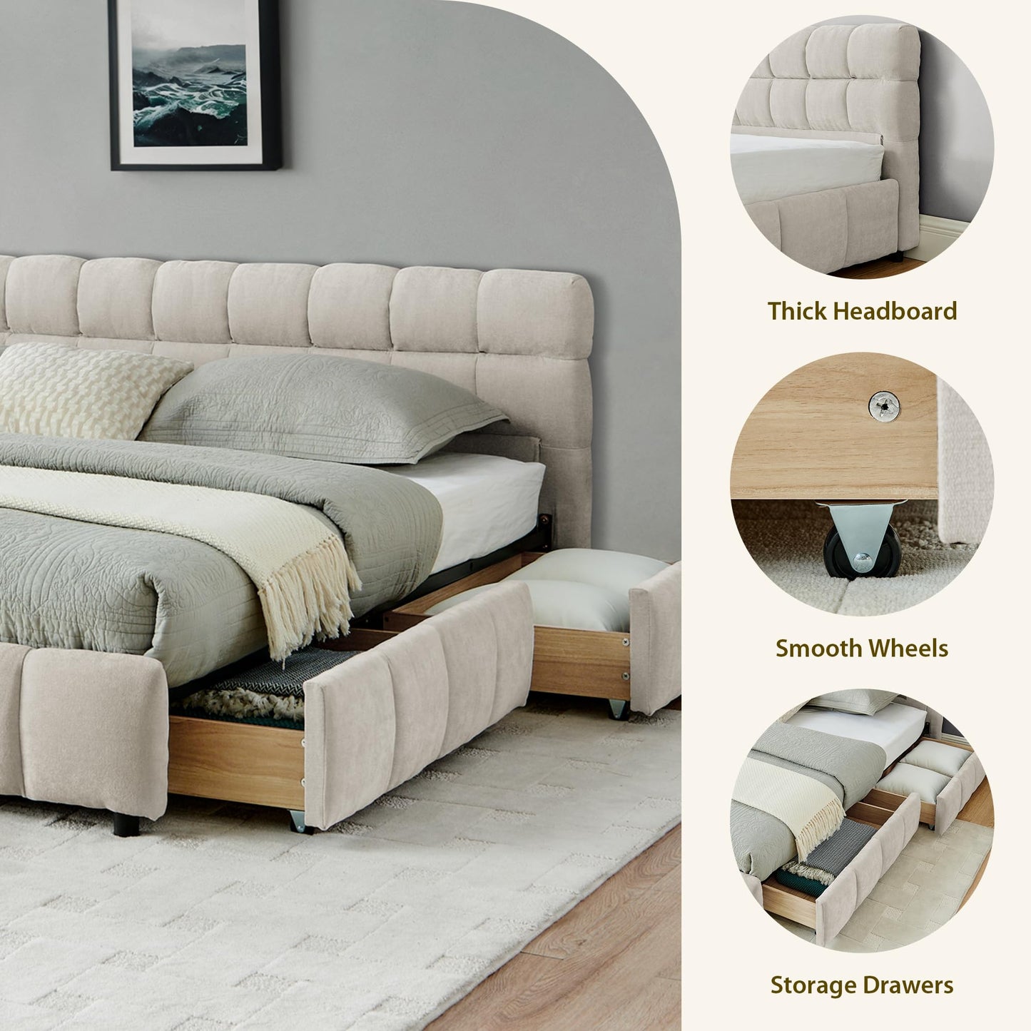 DNYN California King Size Grounded Bed with 4 Storage Drawers and Solid Wood Frame for Bedroom, Low-Profile Upholstered Chenille Bed with Headboard, Space-Saving & No Box Spring Needed