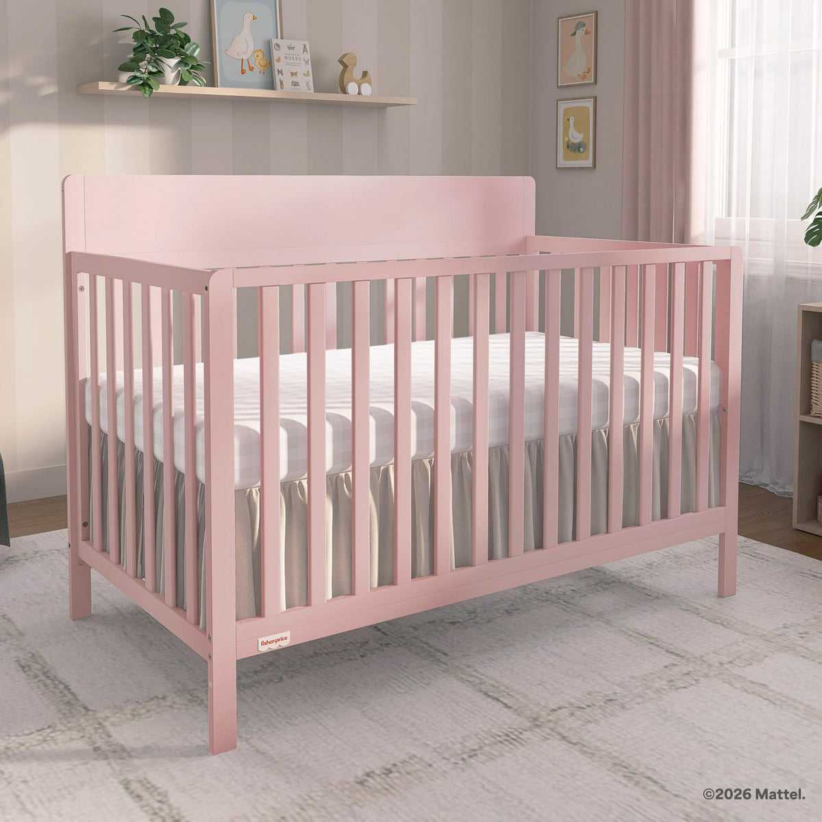 Fisher-Price Meadowbrook 4-in-1 Convertible Full Size Baby Crib, Wooden Nursery Furniture, Converts to Toddler Bed with Guardrail, Daybed & Full-Size Bed, Greenguard Gold & BSA Certified, Pink