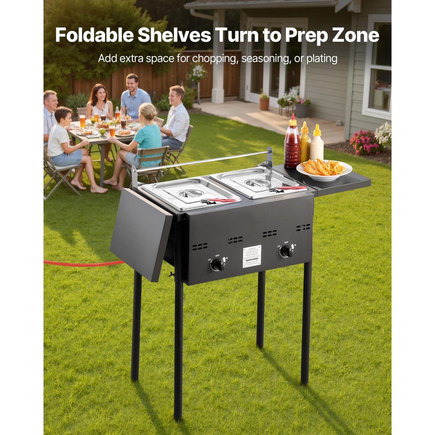 VEVOR Outdoor Propane Deep Fryer, Double Burners Commercial Fryer, 16 Qt Stainless Steel Cooker with Removable Baskets & Lids & Tanks, Oil Fryer Cart with Thermometer & Regulator, For Outdoor Cooking
