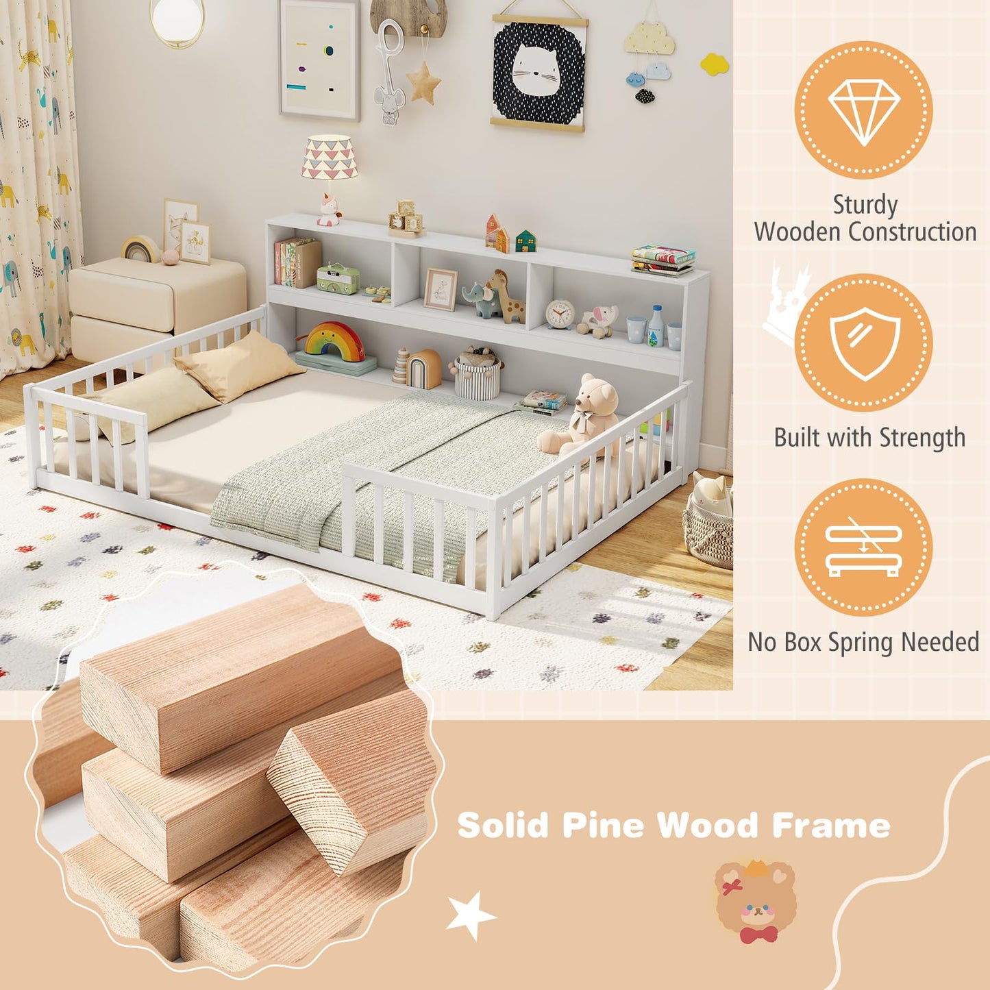 Giantex Full Size Floor Bed for Kids, Wooden Montessori Bed Frame with Bookcase, Storage Shelves & Safety Fence Rails, Floor Beds Full for Girls, Boys, No Box Spring Needed, Without Slats, White