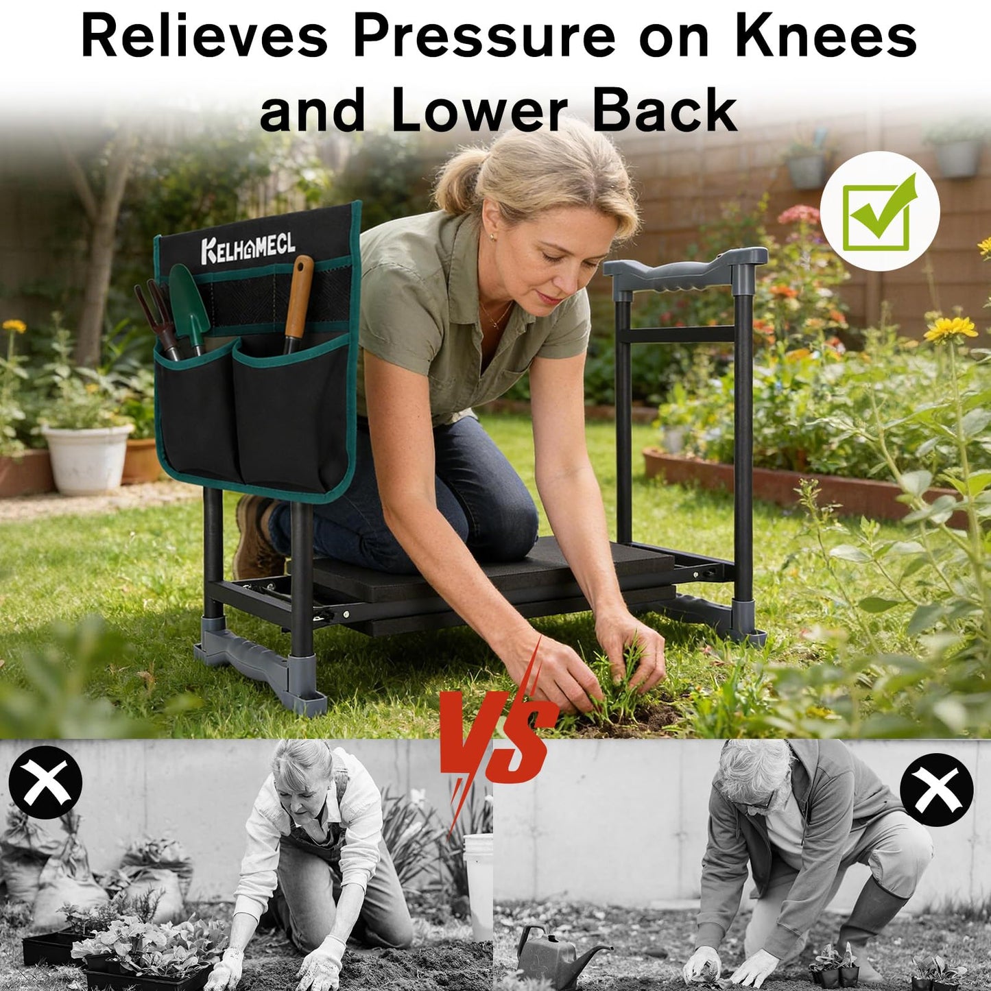 KELHOMECL Garden Kneeler and Seat with Umbrella, 2-in-1 Foldable Gardening Stool with Adjustable Bracket, Detachable Tool Bags, Heavy Duty Kneeling Pad for Gardening (Beige Green)