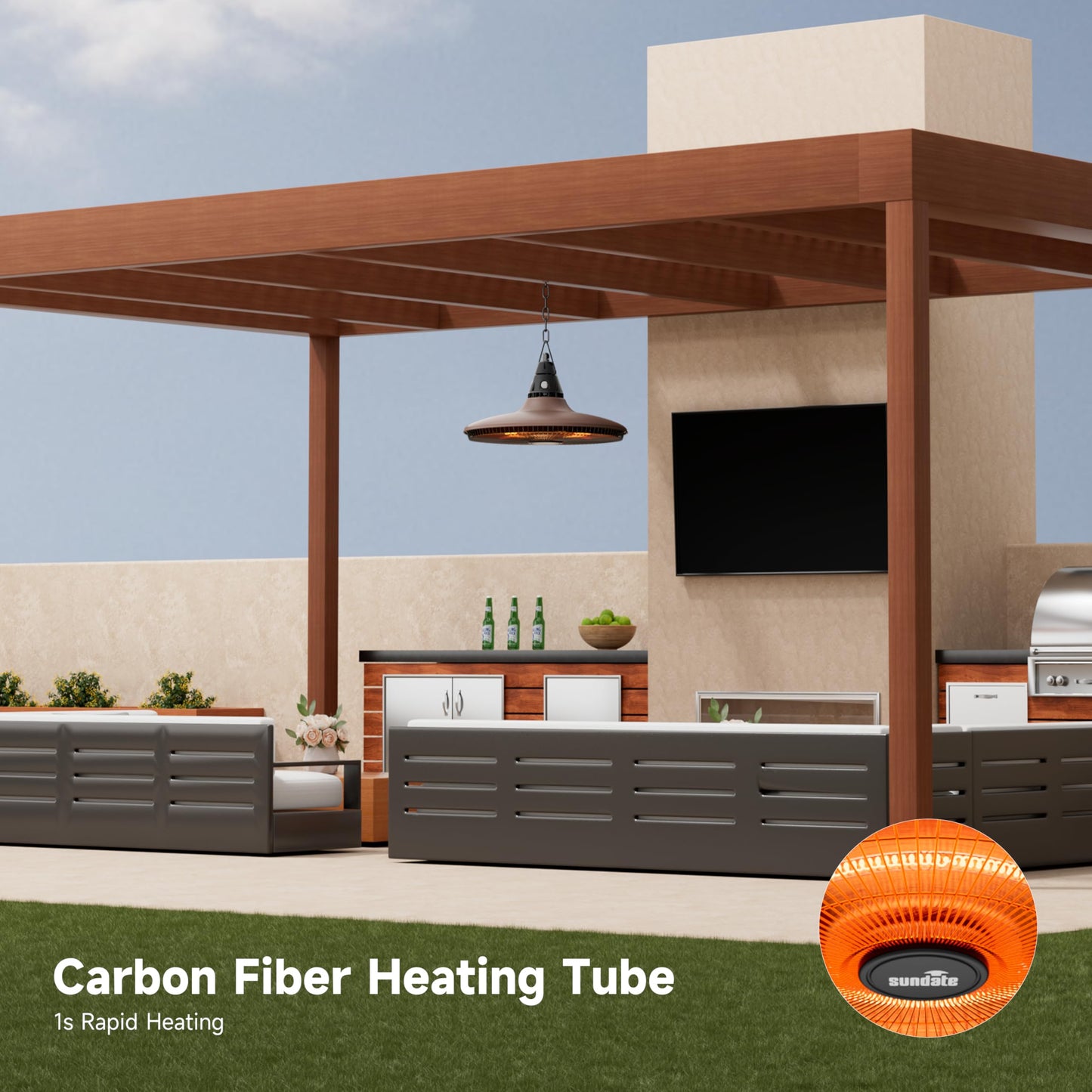Hanging Heater, 1500W Outdoor Electric Patio Ceiling Heater with Remote Control, Infrared for Courtyard, Garage, Patio, Overheat & Tip-Over Protection, Waterproof, Brown