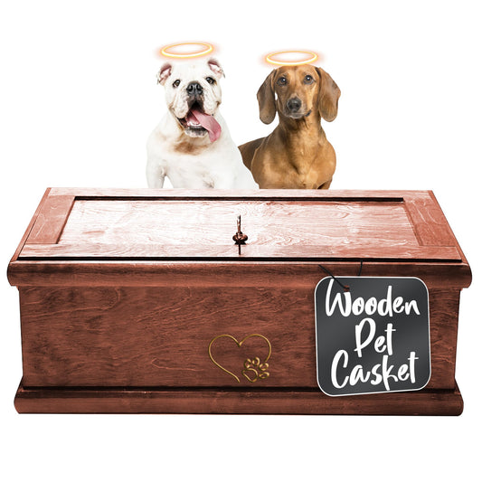 INTERWOOD Solid Wood Pet Casket - Natural Biodegradable Burial Coffin for Dogs & Cats, Handcrafted Hardwood Memorial Box with Secure Handles, Large 32 x 16 x 11 in Interior