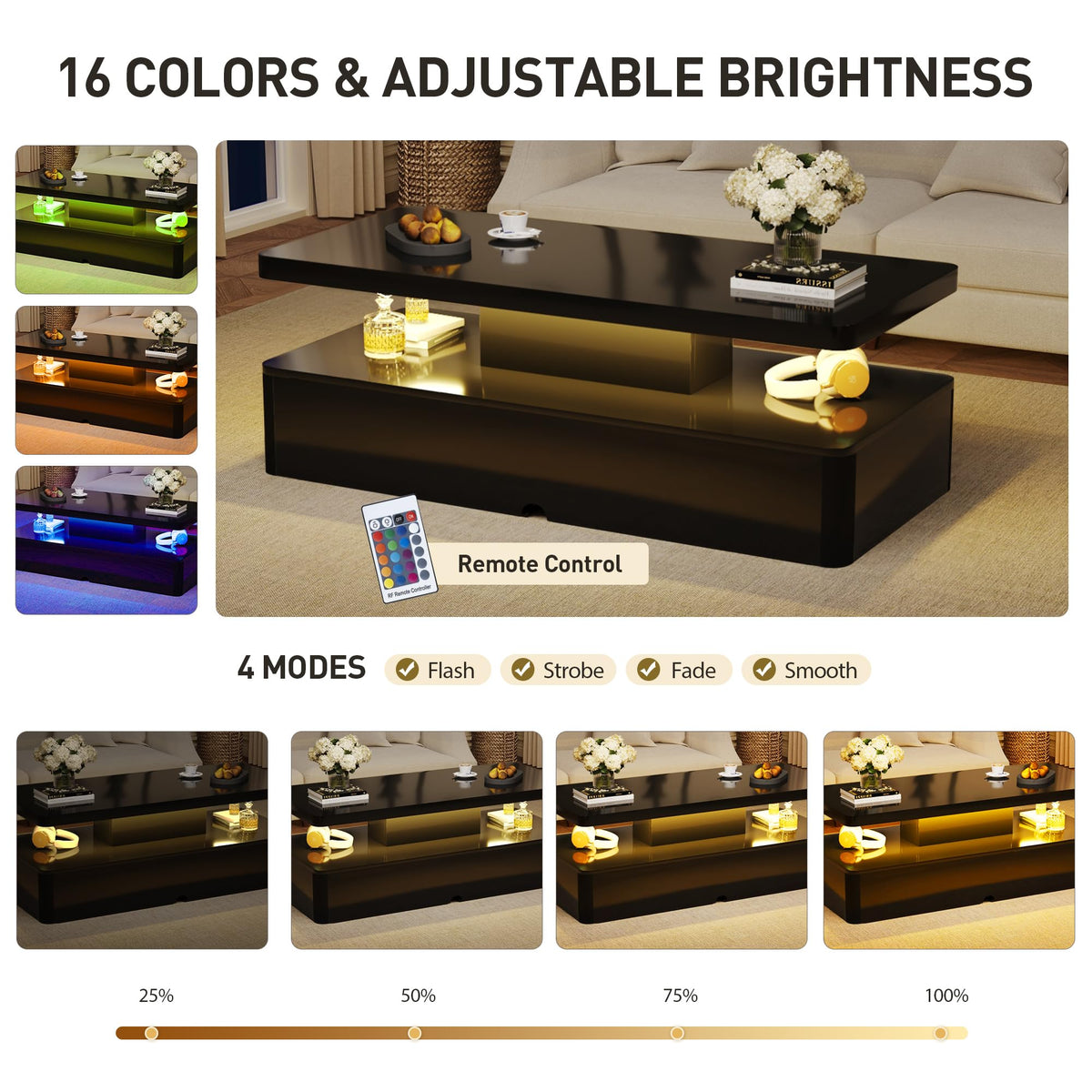 OneBlis 4-Piece Living Room Furniture Set with LED Fireplace TV Stand and Coffee Table & Nightstands Set of 2, Modern TV Stand with Storage Table Set for Living Room