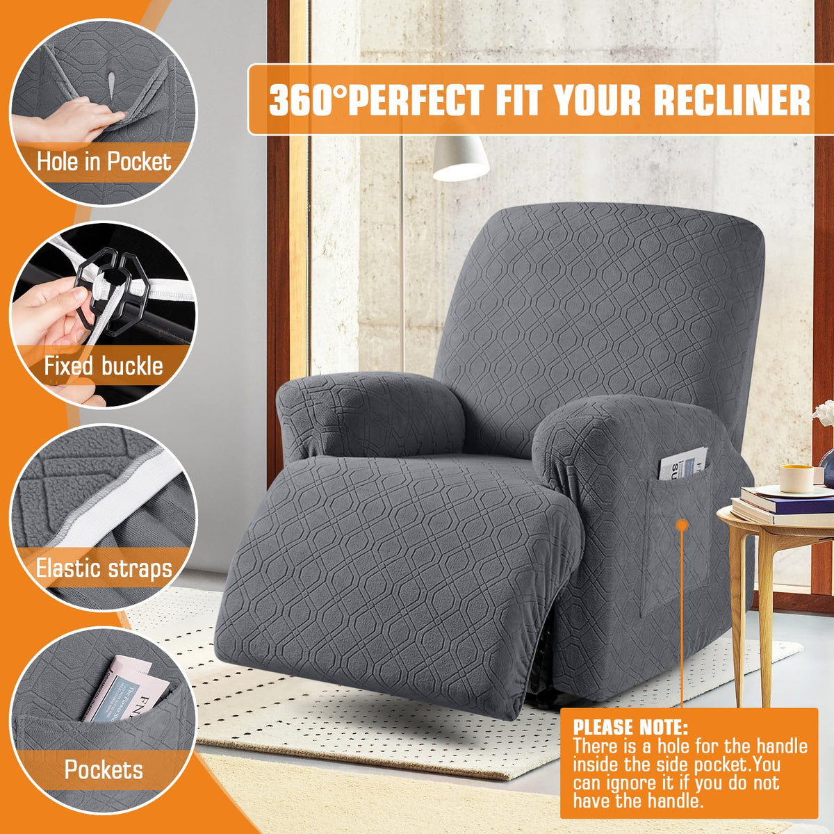 VANSOFY Stretch Recliner Chair Cover, Slipcover, Dark Gray, 1 Seater