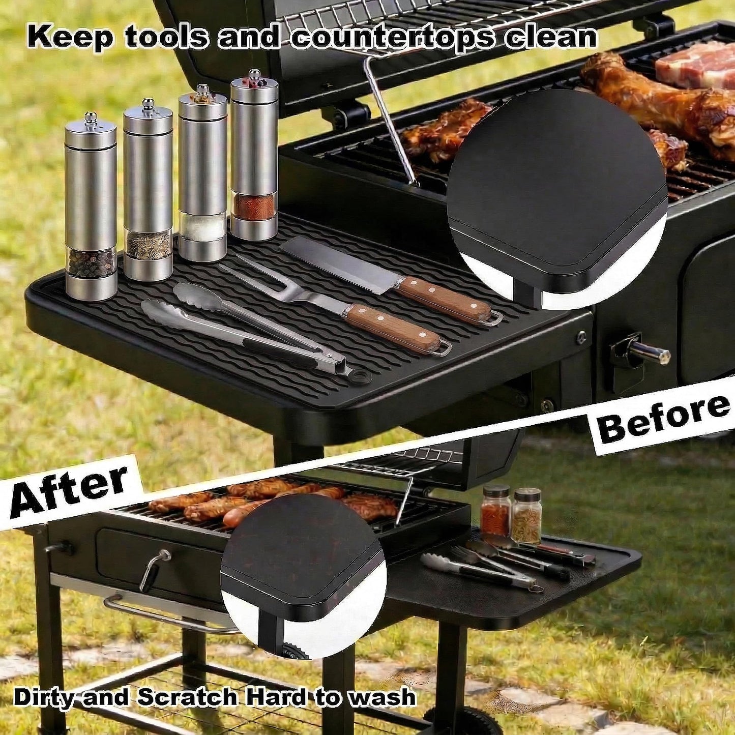 Silicone Grill Tools Mat for Blackstone Weber Traeger Pit Boss Flat Top Grill Smoker,BBQ Accessories Pad Mats for Outdoor Kitchen Counter Cooking, Side Shelf Spatula Mat,Gifts for Men (Black)