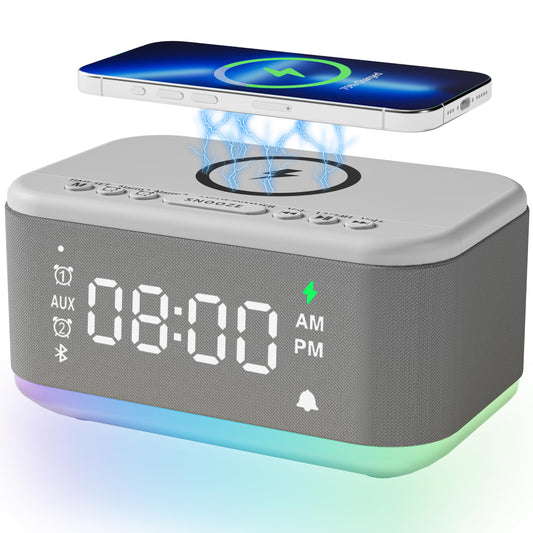 Alarm Clock Speaker Wireless Charger, Digital Alarm Clocks Bedrooms Bluetooth, Alarm Clock Dimmable Light Bedrooms Dual Alarm Snooze Dimmer 12 24H RGB Night Light Bluetooth USB AUX, Gray