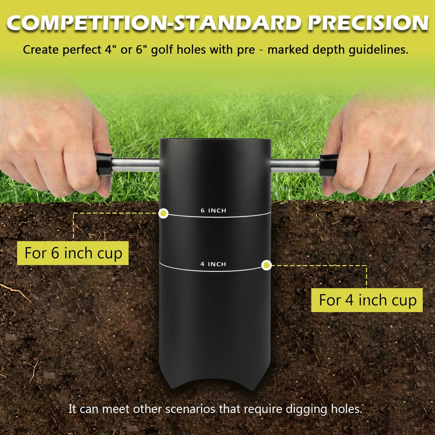 Sumalon Portable Golf Hole Cutter with Detachable Handle, 4 inch and 6 inch USGA Standard Carbon Steel Hole Digger, Post Hole Digger for Garden, Backyard, Outdoor Golf Putting Green Practice