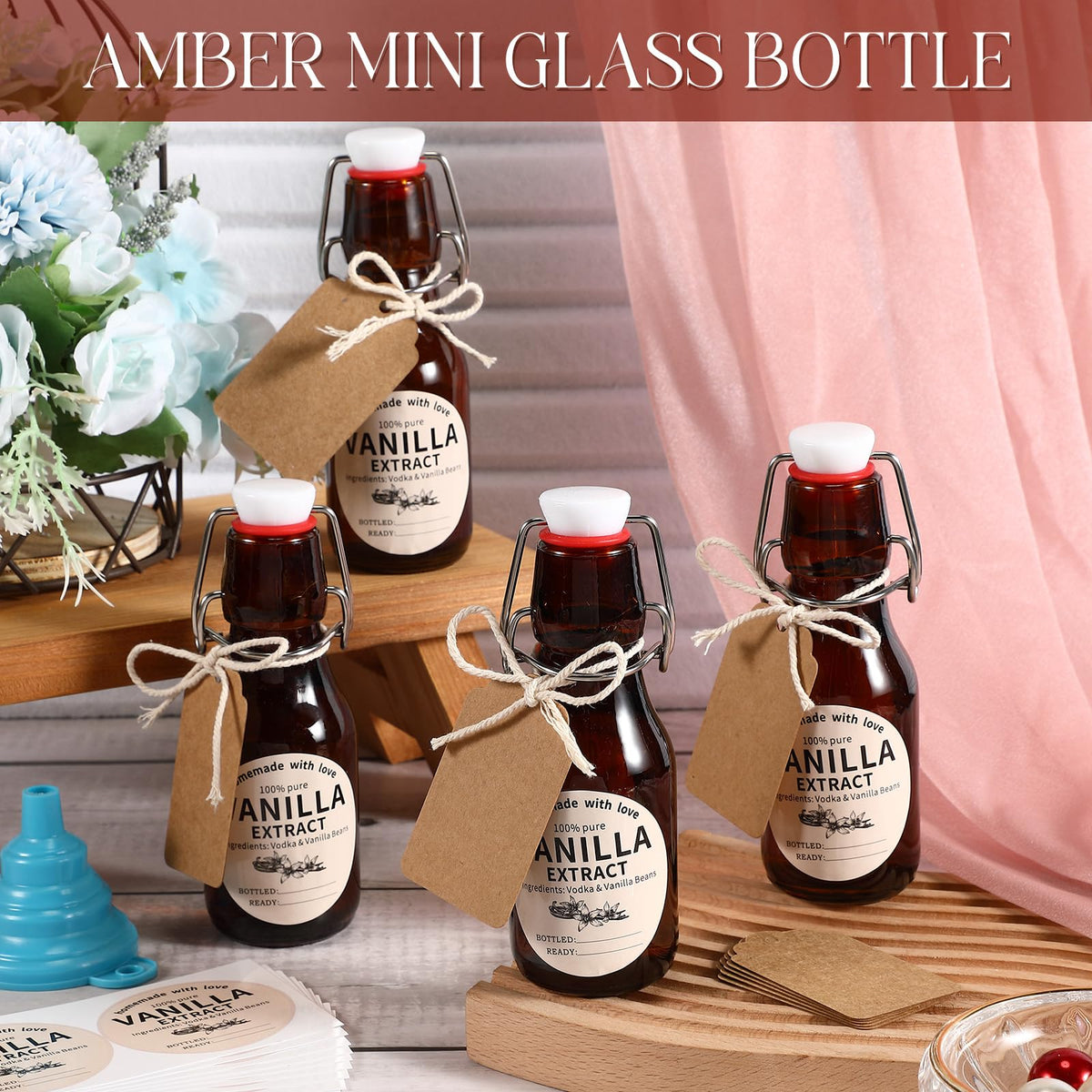 Vesici 12 Sets Amber Swing Top Glass Bottles Vanilla Extract, 8 oz