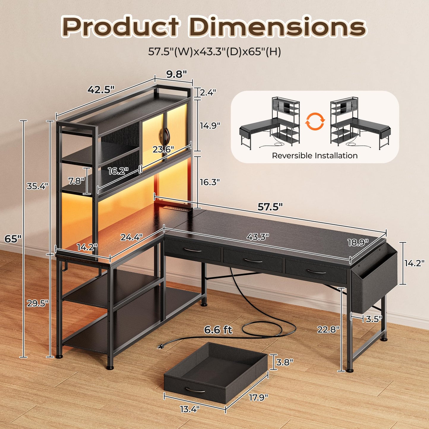 PRAISUN 57.5" Reversible L-Shaped Desk with LED Lights & Power Station