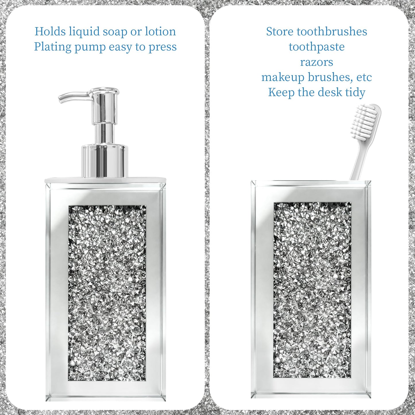 2Pcs Silver Bathroom Set, Mirror Finish & Diamond Accent Soap Holder,Modern