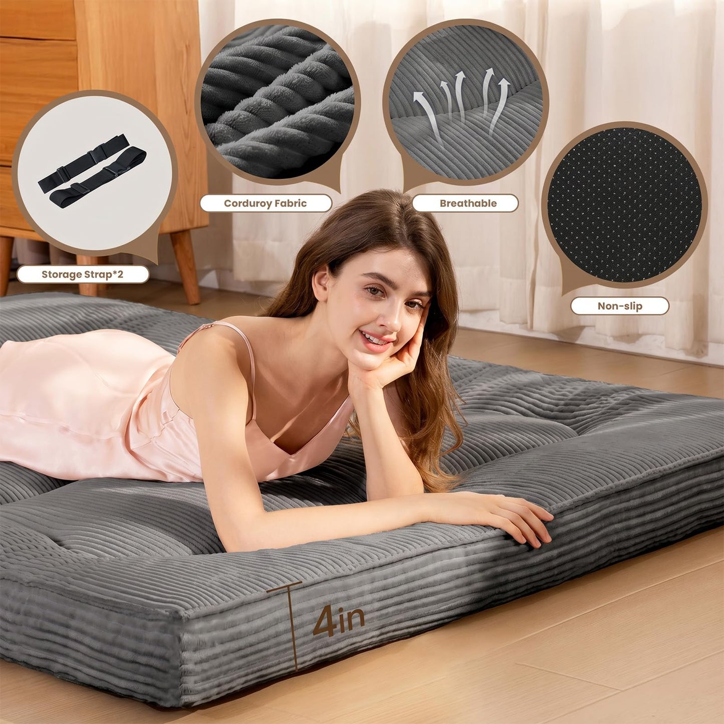feliz home Japanese Floor Futon Mattress,4 Inch Memory Foam Mattress Topper Full,2 Inch Firm Cooling Gel Memory Foam and 2 Inch Soft Down Alternative for Back Pain Relief,Medium Support,Grey