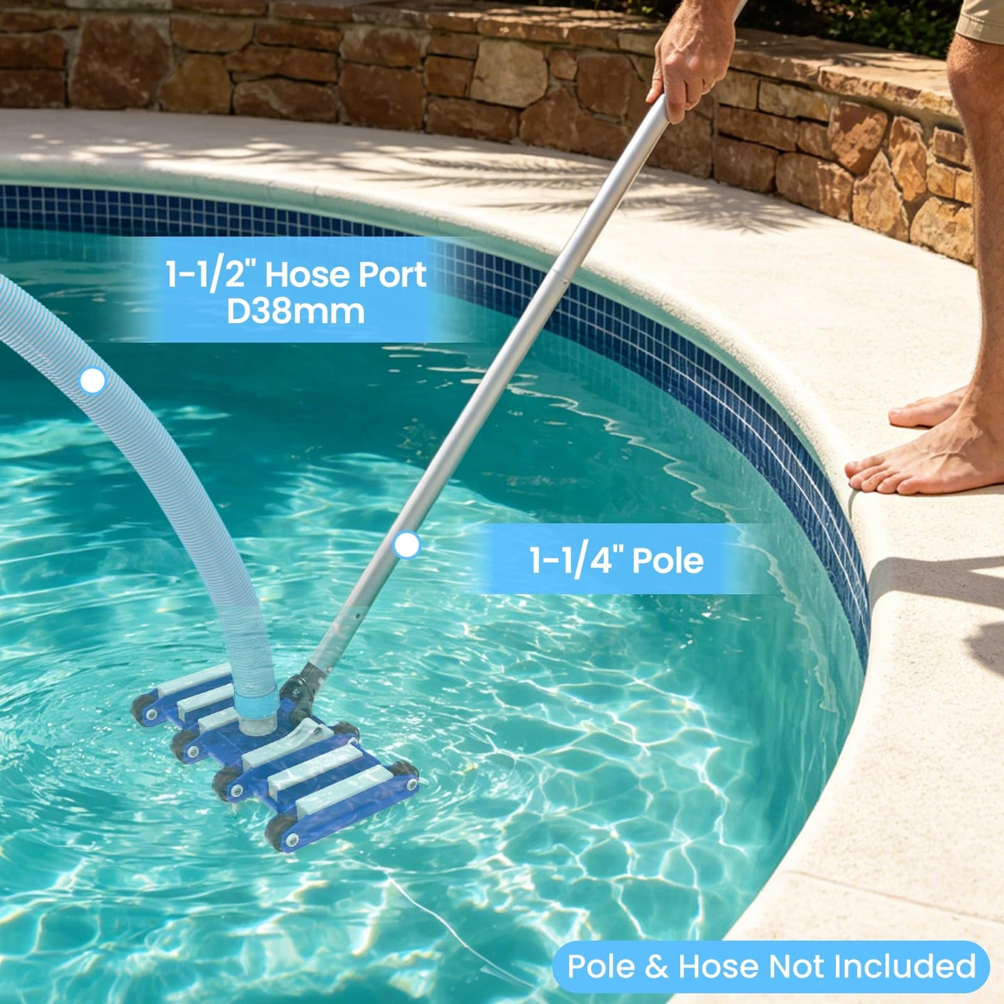 Poolvio 14" Ultra-Weighted Pool Vacuum Head with Wheels, Flexible Manual Pool Cleaner with Bottom Brushes & Swivel Handle for Deep Cleaning Inground Pools, 1.5" Hose Port (NO Pole & Hose)
