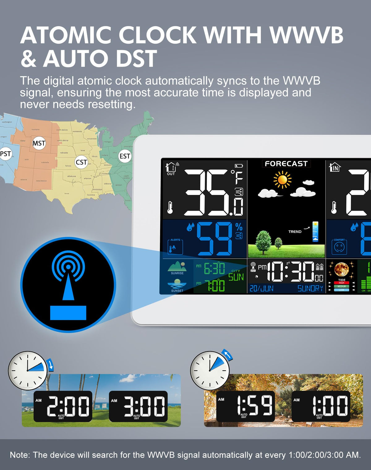 Weather Station Wireless Indoor Outdoor with Atomic Clock, 1 Sensor,White