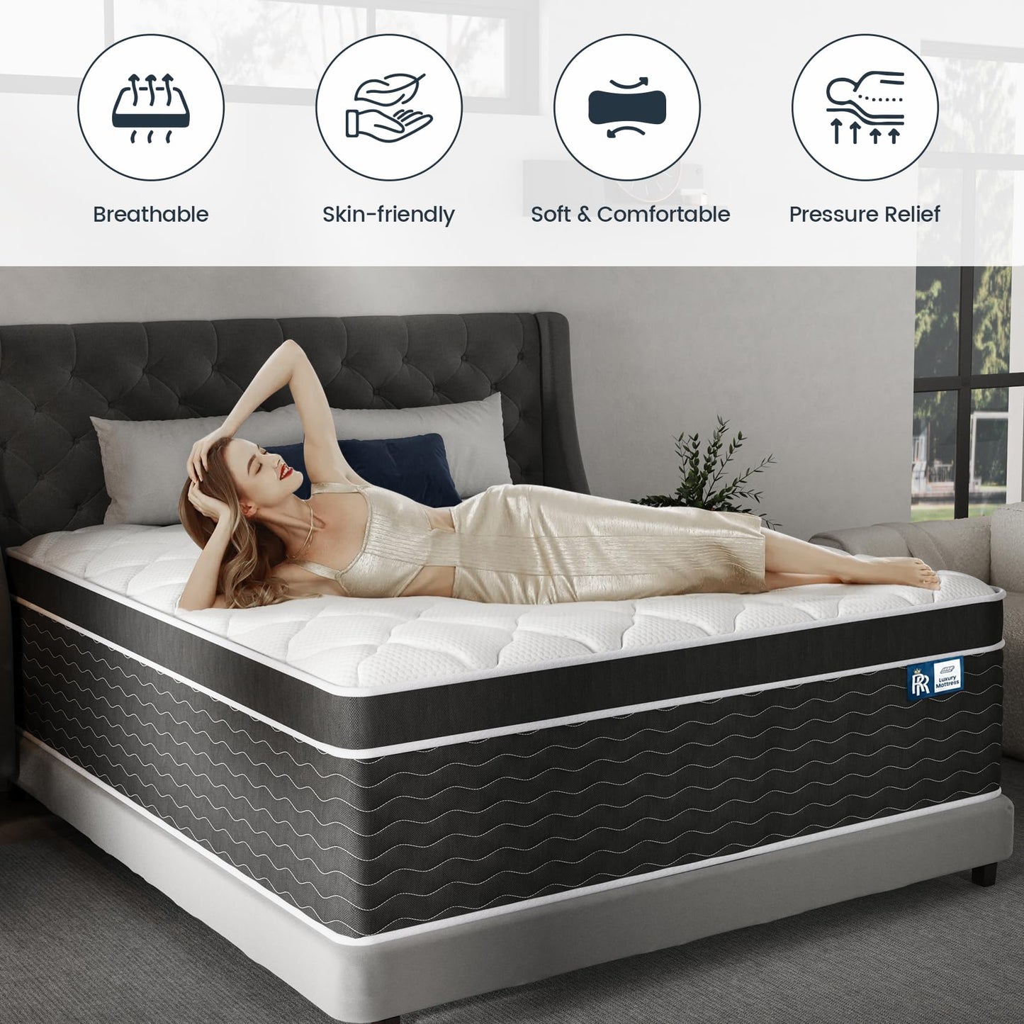 Ruoysun Luxury California King Mattress 12 In, Firm Cal King Mattress in a Box, 7-Zones& Edge Support, Cooling Gel Memory Foam& Pocketed Spring, Pressure Back Pain Relief, Hotel-Level, 100-Night Trial