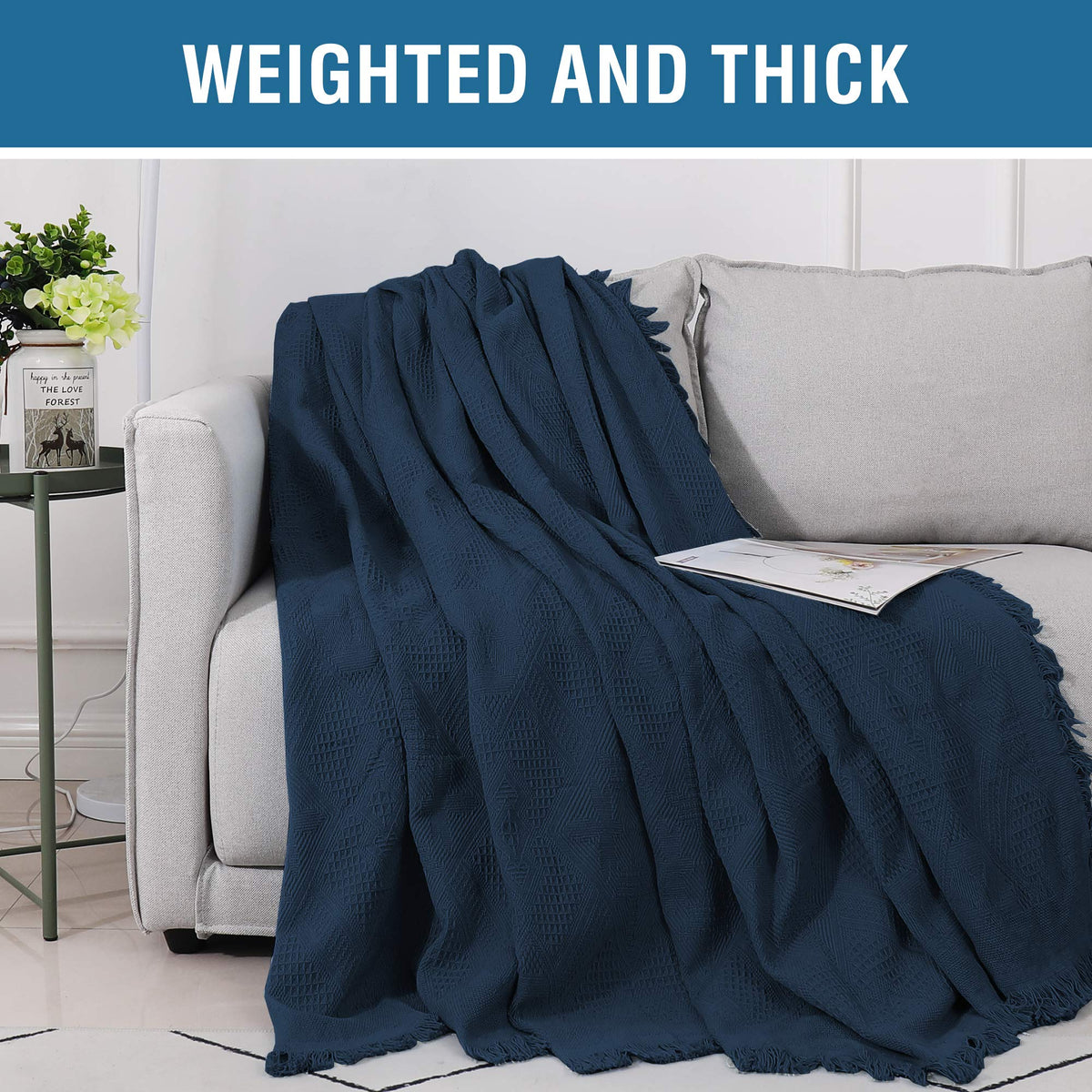 H.VERSAILTEX Cotton Sofa Covers Couch Cover Sofa Slipcover for Most Shape Sofas, Feature Thick Woven Jacquard Seamless with Tassels, Multi-Use Decorative for Couch (Large: 71" x 102", Navy)